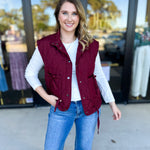 Quilted Bow Vest - Burgundy-600 Outerwear-BLU PEPPER-July & June Women's Fashion Boutique Located in San Antonio, Texas