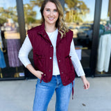 Quilted Bow Vest - Burgundy-600 Outerwear-BLU PEPPER-July & June Women's Fashion Boutique Located in San Antonio, Texas