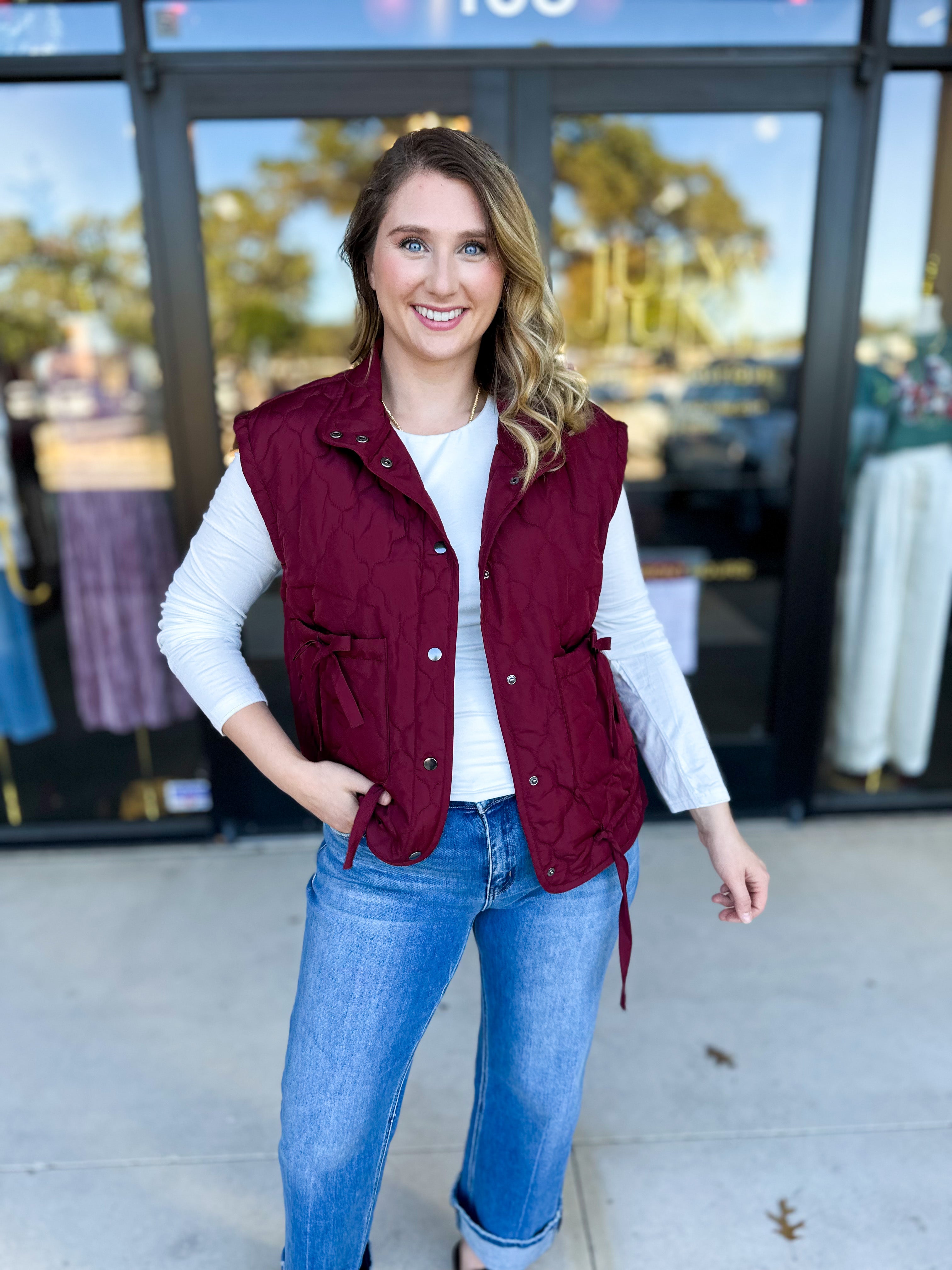 Quilted Bow Vest - Burgundy-600 Outerwear-BLU PEPPER-July & June Women's Fashion Boutique Located in San Antonio, Texas