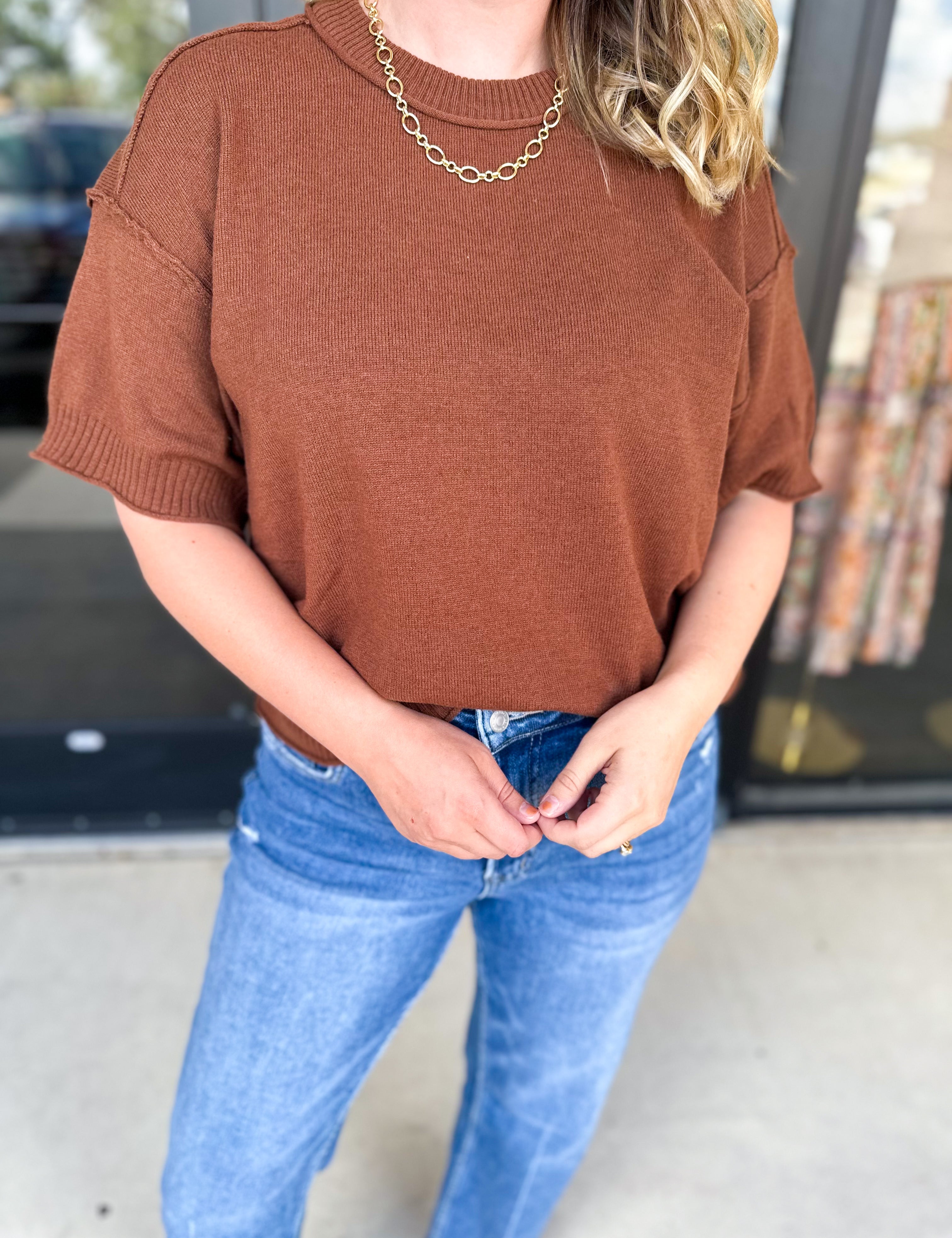 The Ella Knit Sweater Top - Brown-230 Sweaters/Cardis-JODIFL-July & June Women's Fashion Boutique Located in San Antonio, Texas