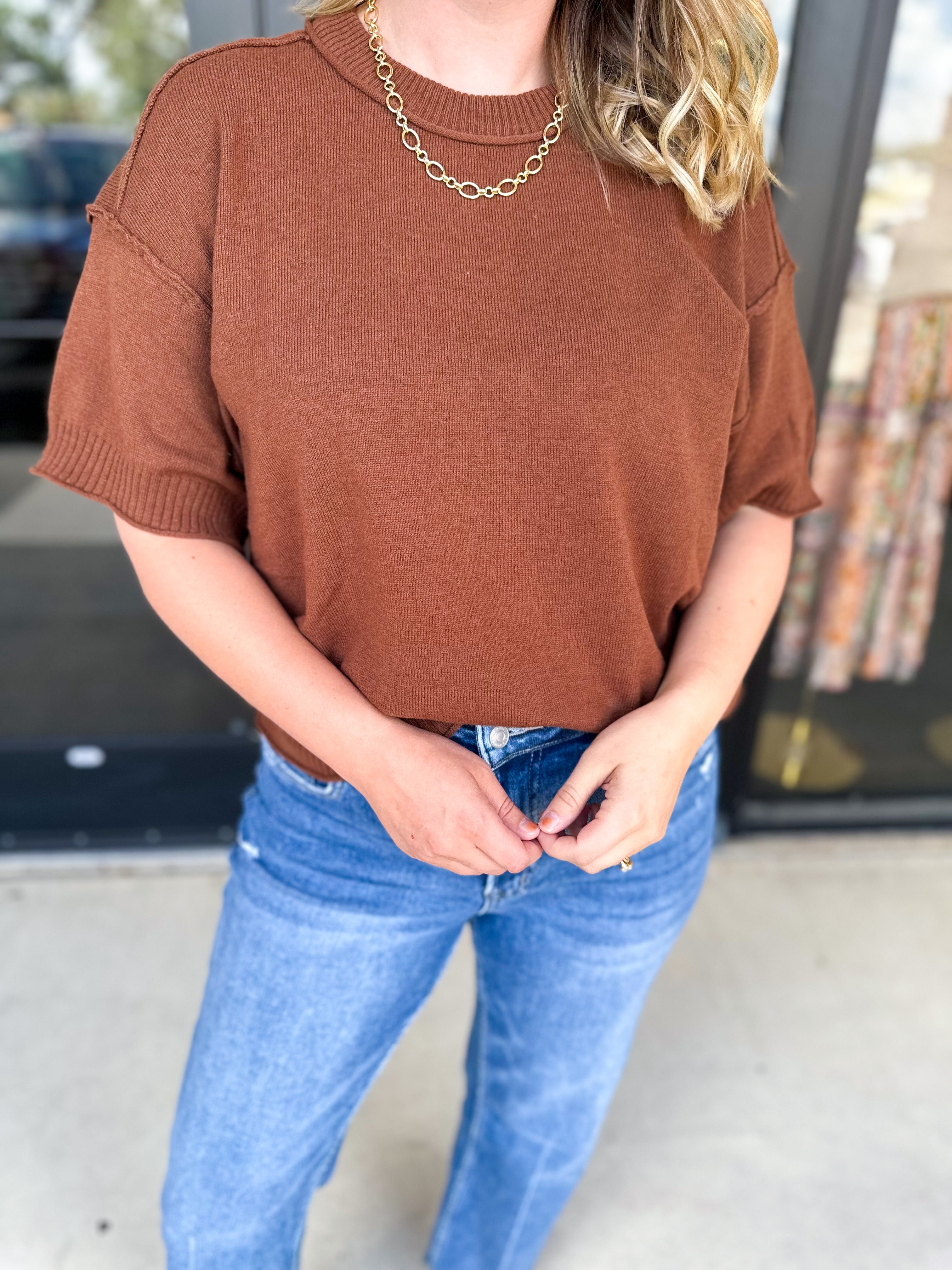 The Ella Knit Sweater Top - Brown-230 Sweaters/Cardis-JODIFL-July & June Women's Fashion Boutique Located in San Antonio, Texas