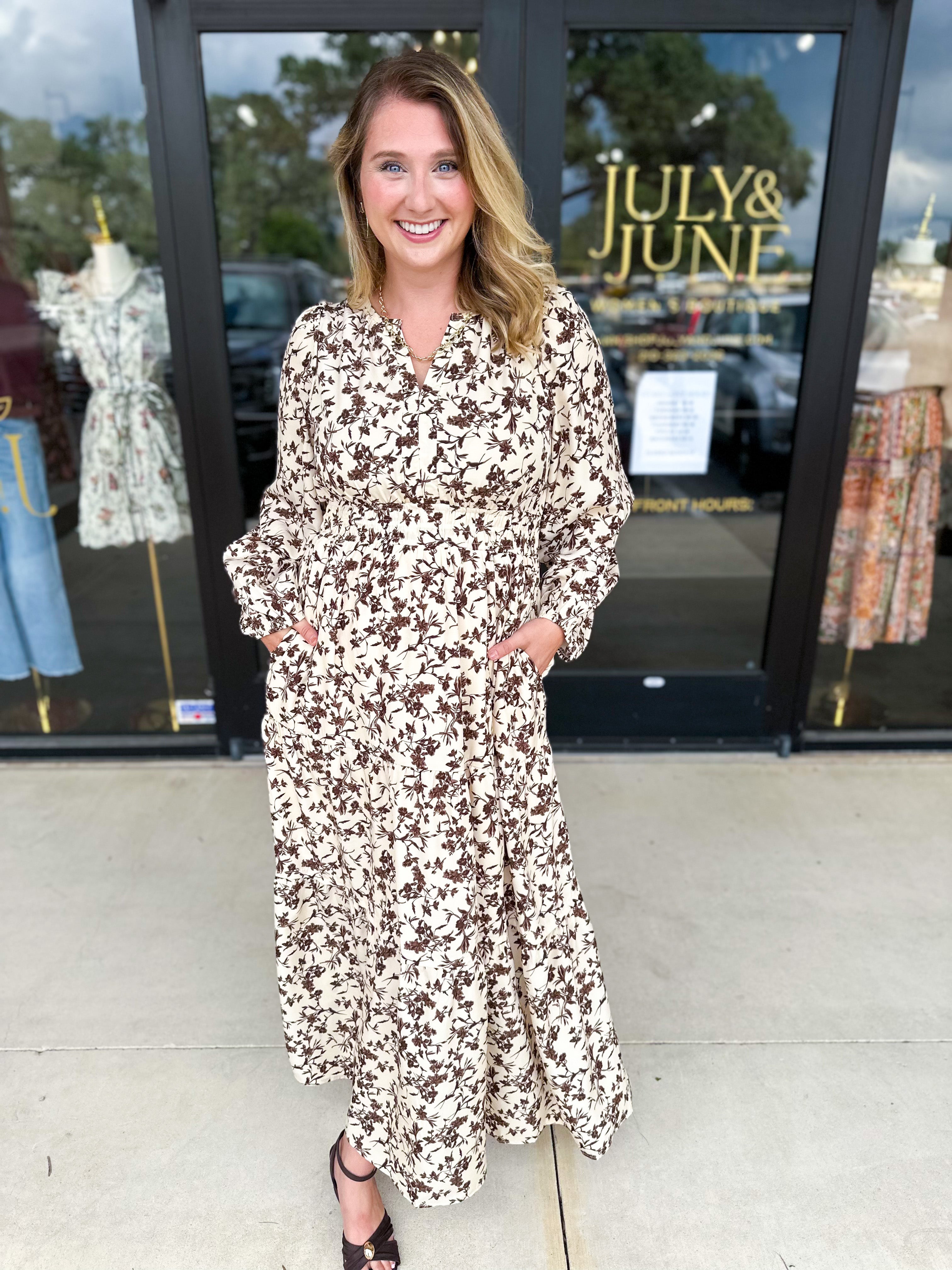 Fall Days Floral Midi Dress-500 Midi-POLOGRAM-July & June Women's Fashion Boutique Located in San Antonio, Texas