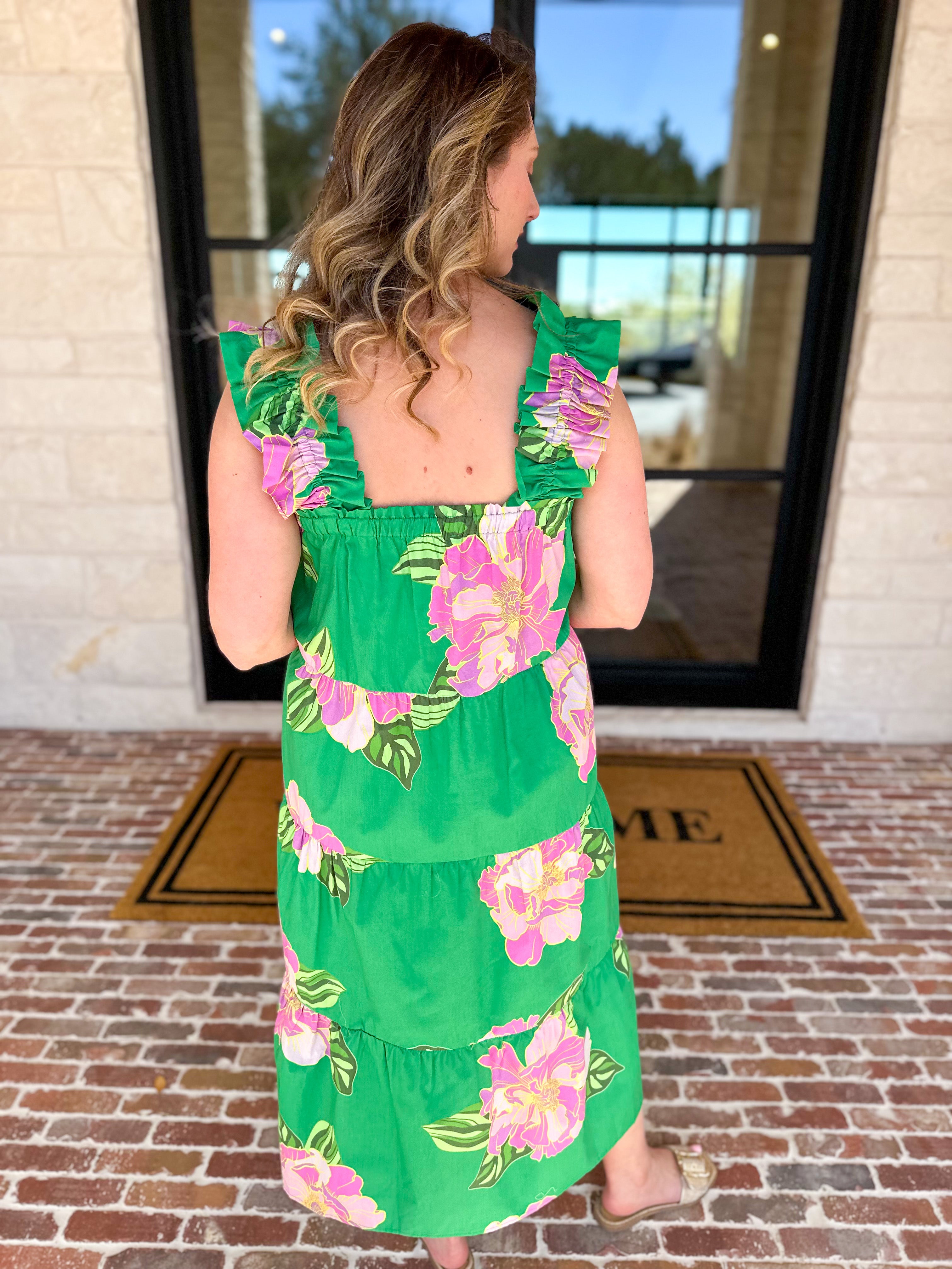 THML - Kelly Green Floral Tiered Midi Dress-500 Midi-THML-July & June Women's Fashion Boutique Located in San Antonio, Texas