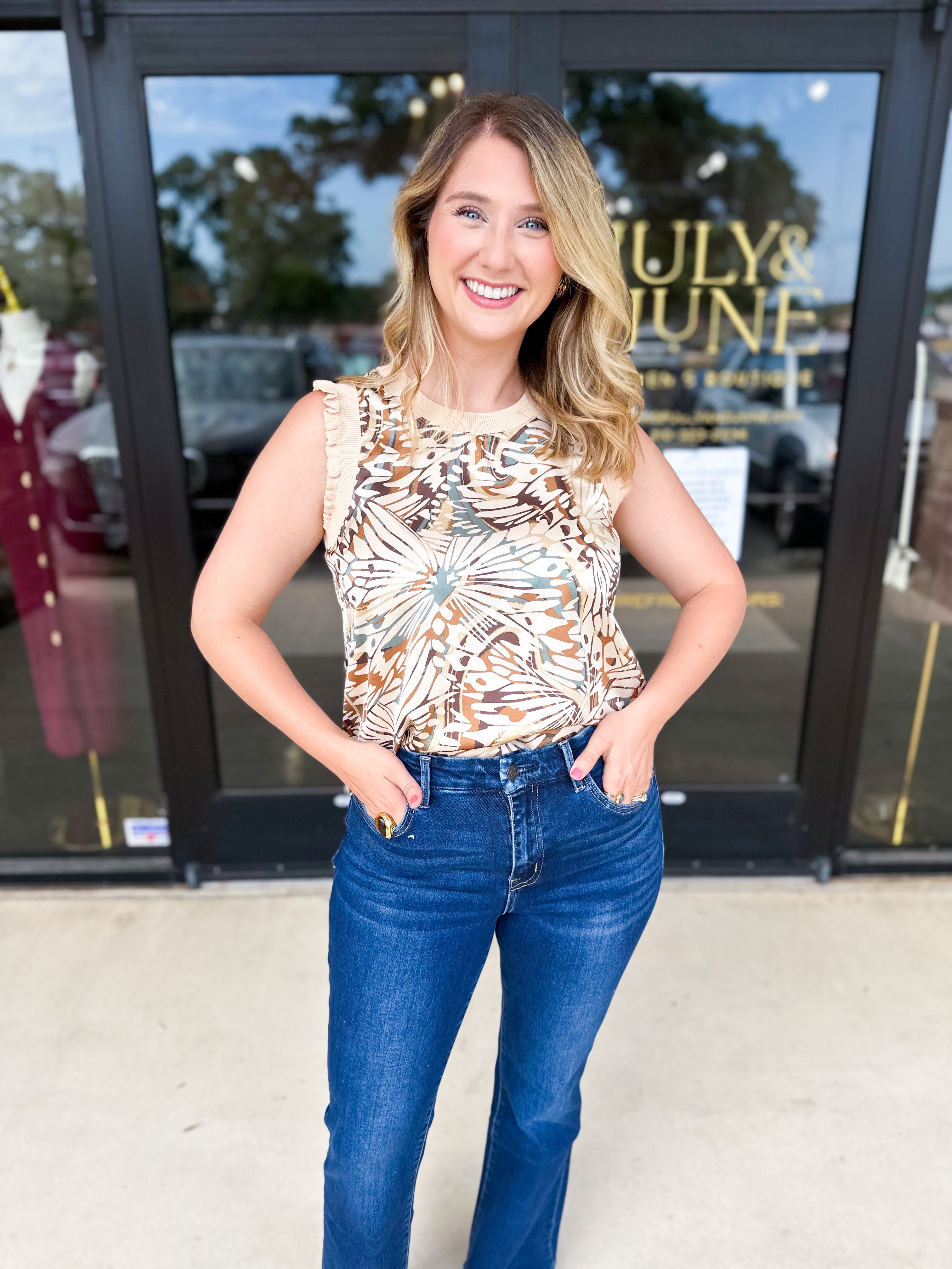 Autumn Abstract Top-200 Fashion Blouses-SKIES ARE BLUE-July & June Women's Fashion Boutique Located in San Antonio, Texas