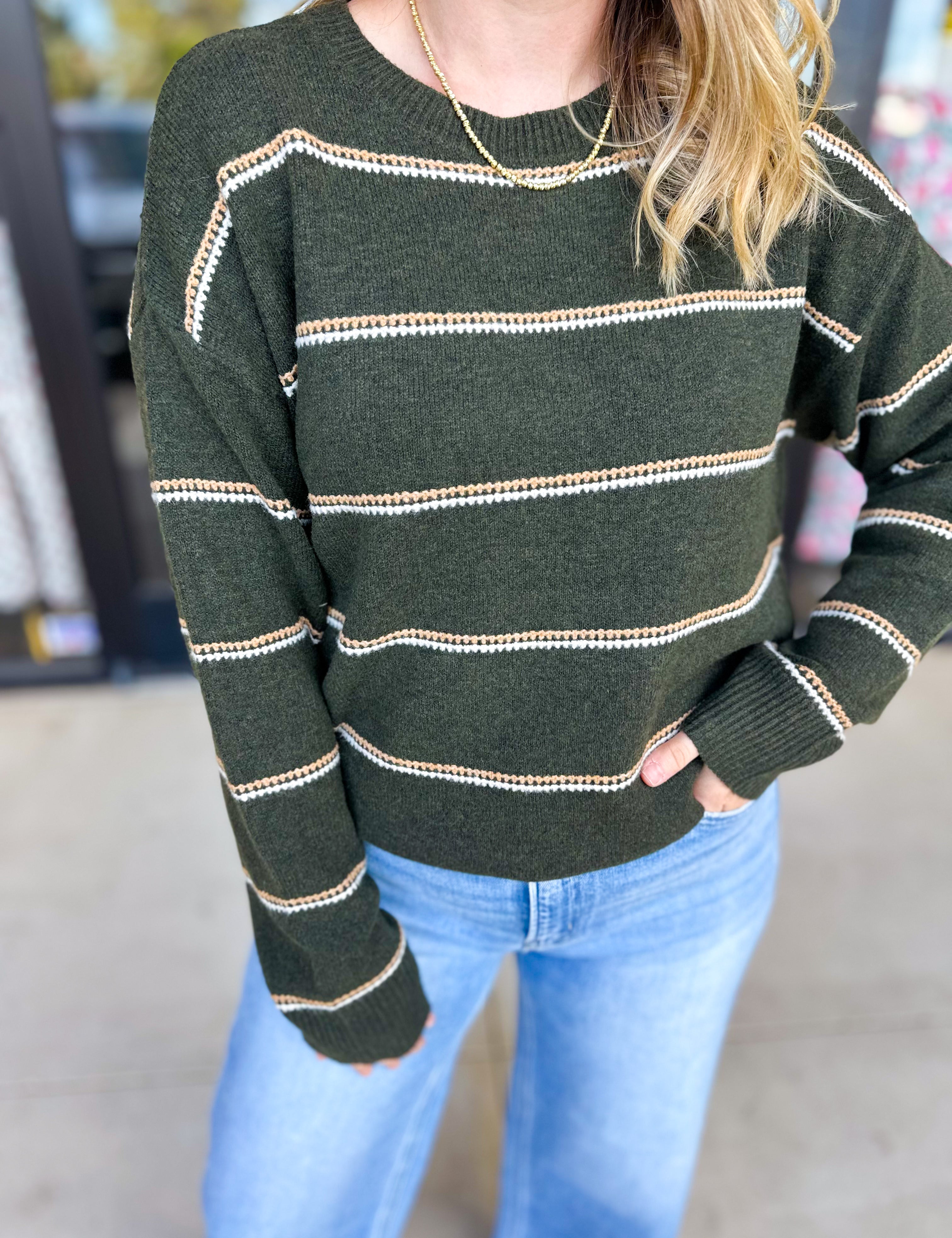 Olive & Camel Sweater-230 Sweaters/Cardis-SKIES ARE BLUE-July & June Women's Fashion Boutique Located in San Antonio, Texas