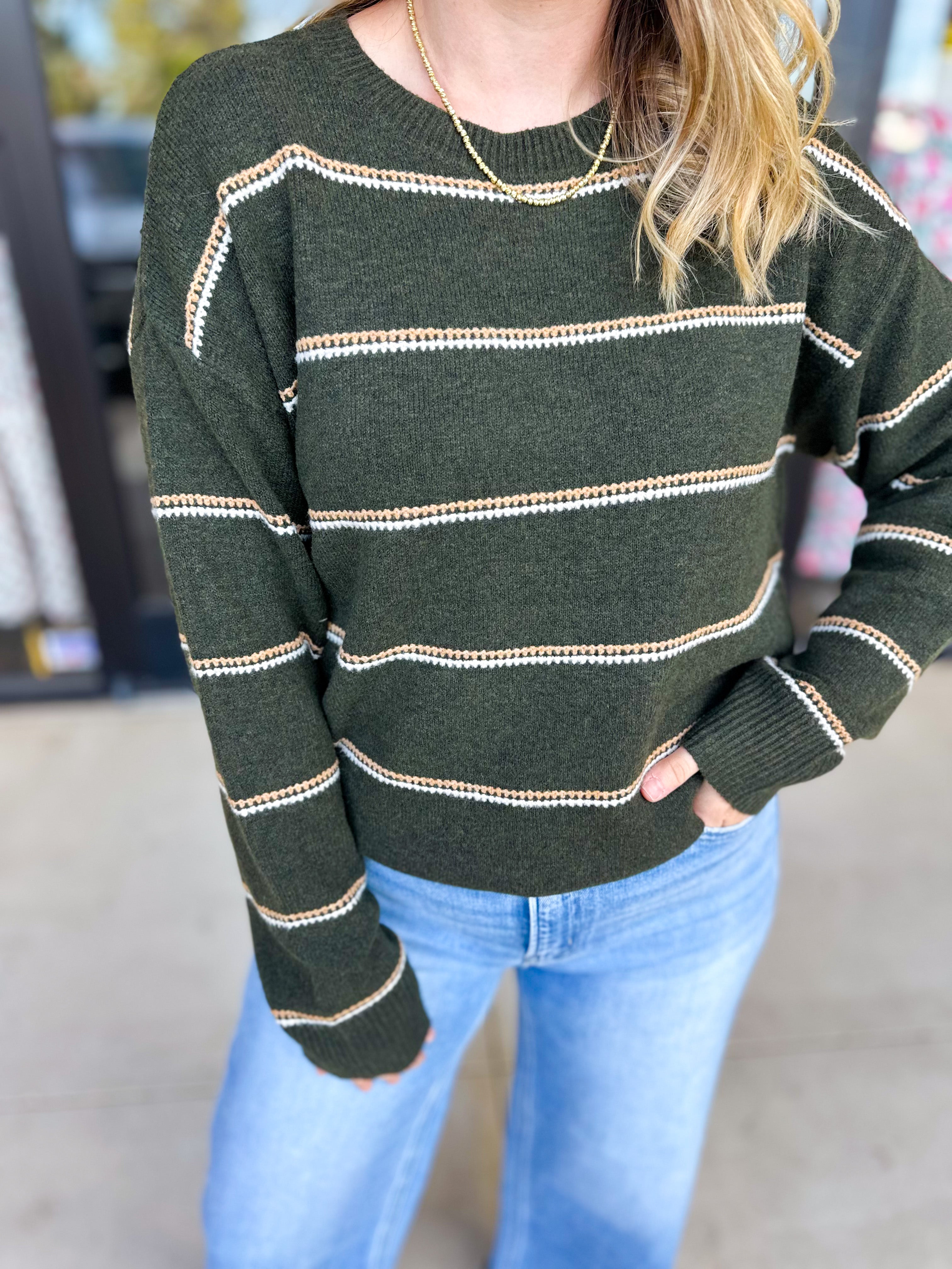 Olive & Camel Sweater-230 Sweaters/Cardis-SKIES ARE BLUE-July & June Women's Fashion Boutique Located in San Antonio, Texas