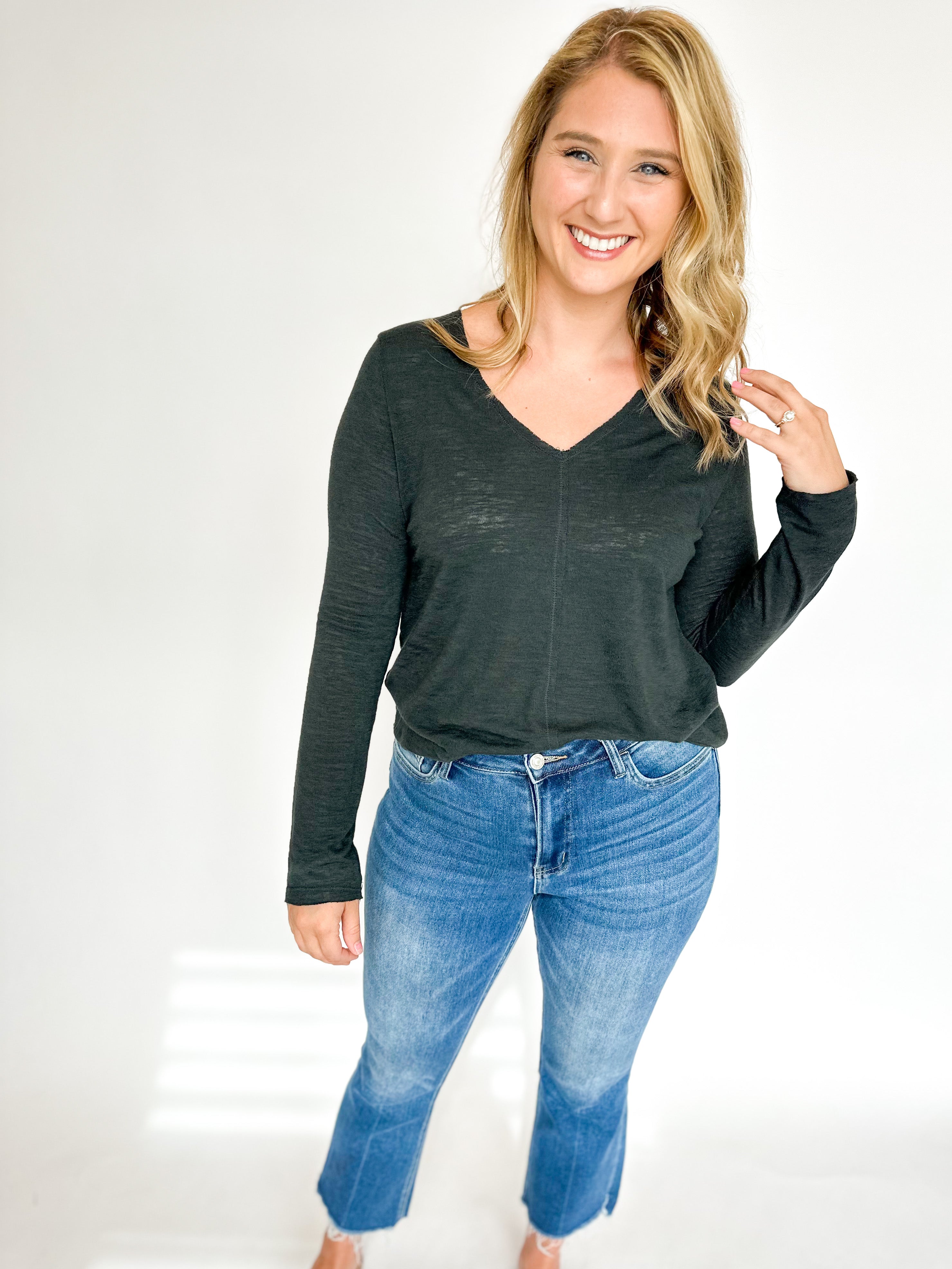 Your Favorite Long Sleeve Knit Top - Pewter-210 Casual Blouses-WASABI + MINT-July & June Women's Fashion Boutique Located in San Antonio, Texas