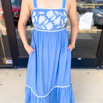 Sky Blue Embroidered Midi Dress-500 Midi-ENTRO-July & June Women's Fashion Boutique Located in San Antonio, Texas