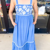 Sky Blue Embroidered Midi Dress-500 Midi-ENTRO-July & June Women's Fashion Boutique Located in San Antonio, Texas