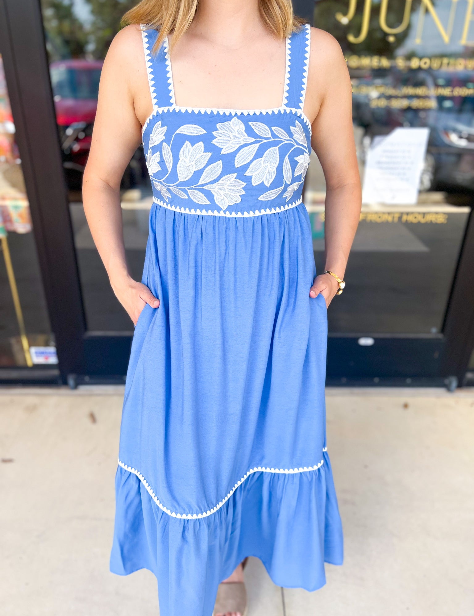 Sky Blue Embroidered Midi Dress-500 Midi-ENTRO-July & June Women's Fashion Boutique Located in San Antonio, Texas