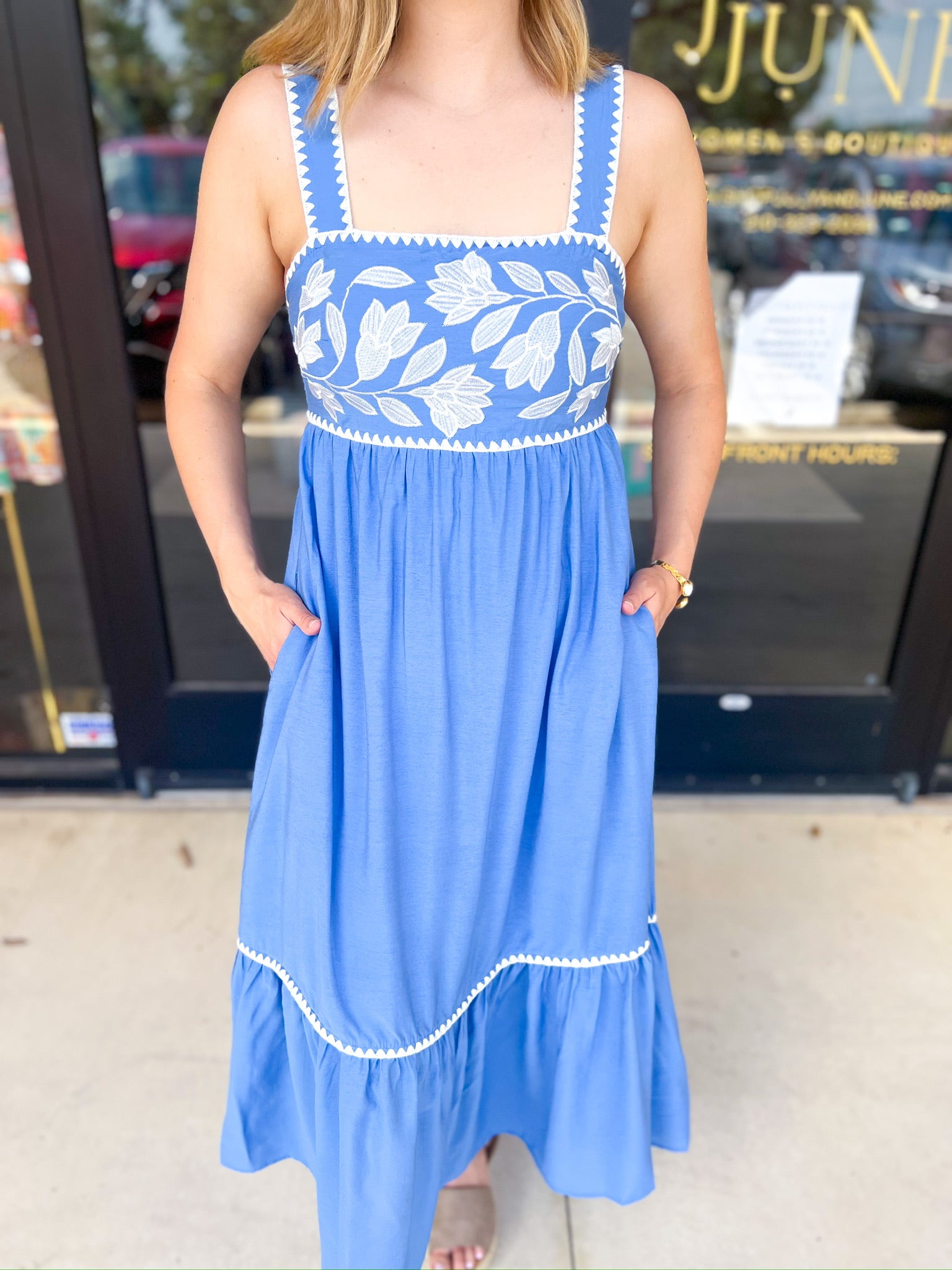 Sky Blue Embroidered Midi Dress-500 Midi-ENTRO-July & June Women's Fashion Boutique Located in San Antonio, Texas