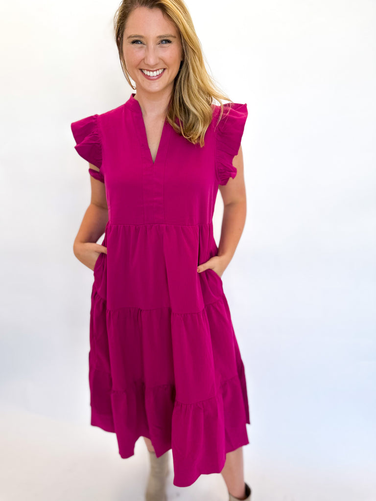 Ruffle Sleeve Tiered Midi Dress- Berry-500 Midi-ENTRO-July & June Women's Fashion Boutique Located in San Antonio, Texas
