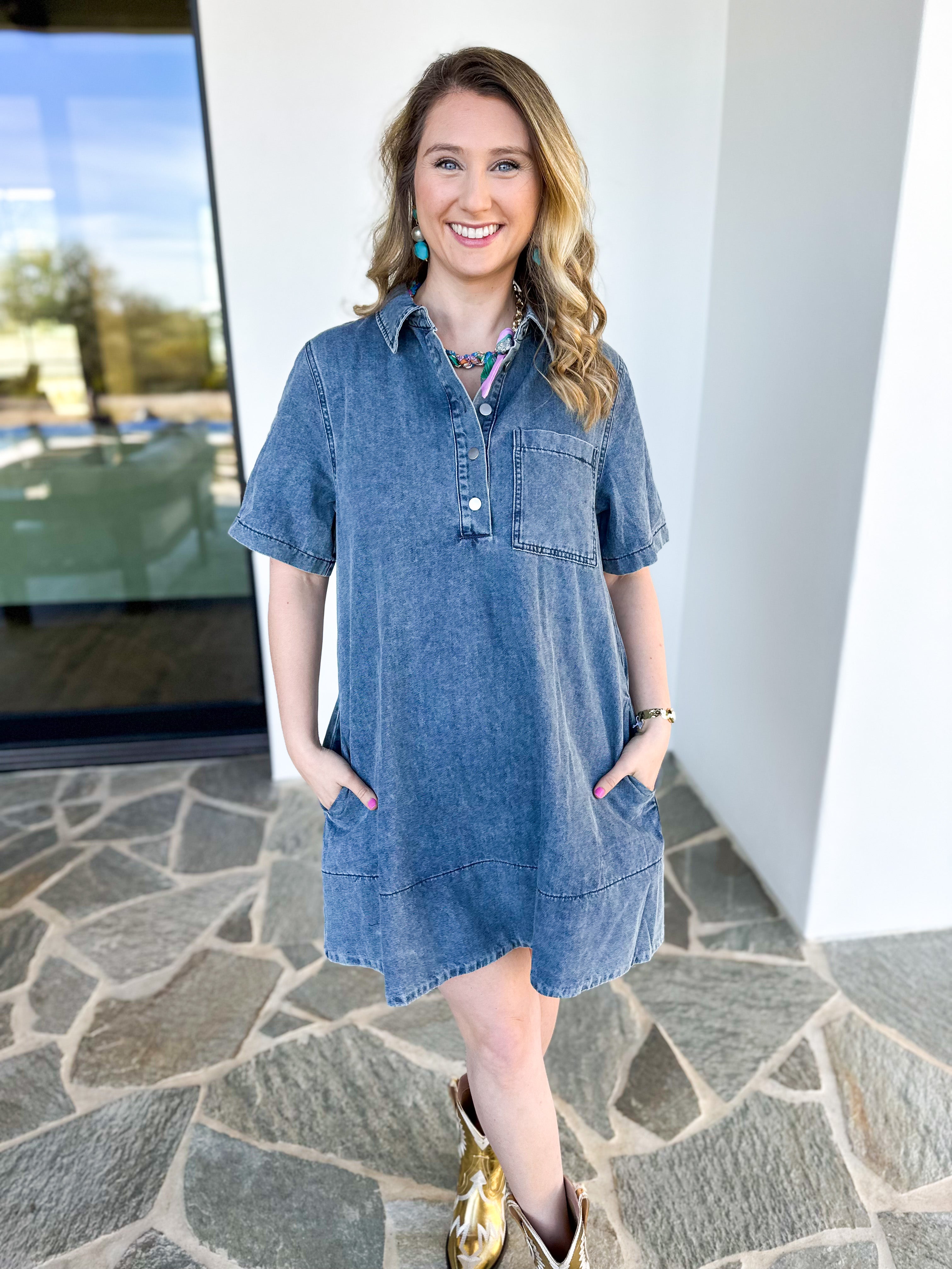 Vintage Wash Denim Mini Dress-510 Mini-IN FEBRUARY-July & June Women's Fashion Boutique Located in San Antonio, Texas