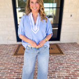 Seersucker Sweet Blouse - Light Blue-200 Fashion Blouses-ENTRO-July & June Women's Fashion Boutique Located in San Antonio, Texas