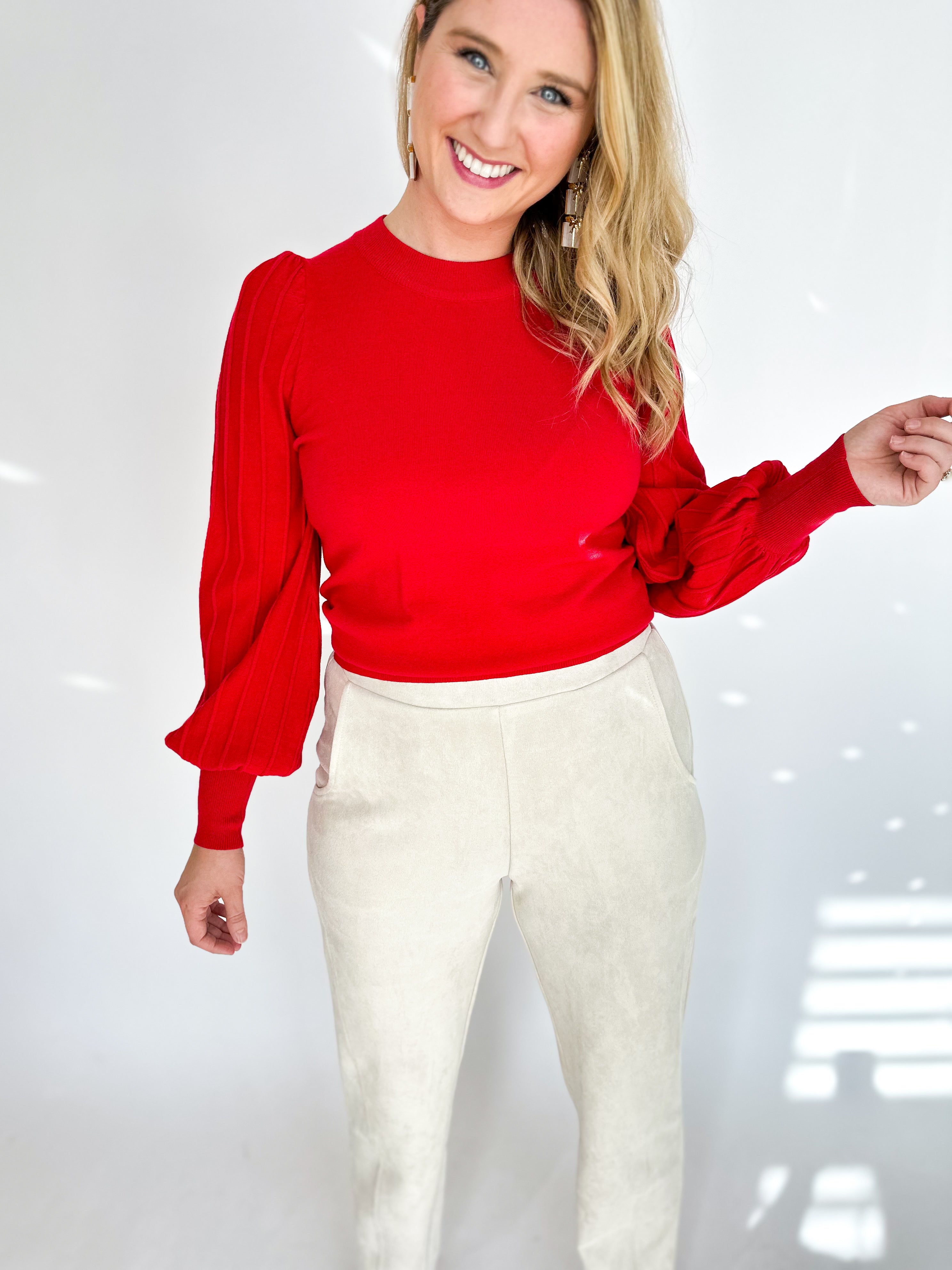 Pleated Sweater- Red-230 Sweaters/Cardis-&MERCI-July & June Women's Fashion Boutique Located in San Antonio, Texas