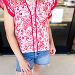 Red & Pink Paisley Blouse-200 Fashion Blouses-PINCH-July & June Women's Fashion Boutique Located in San Antonio, Texas