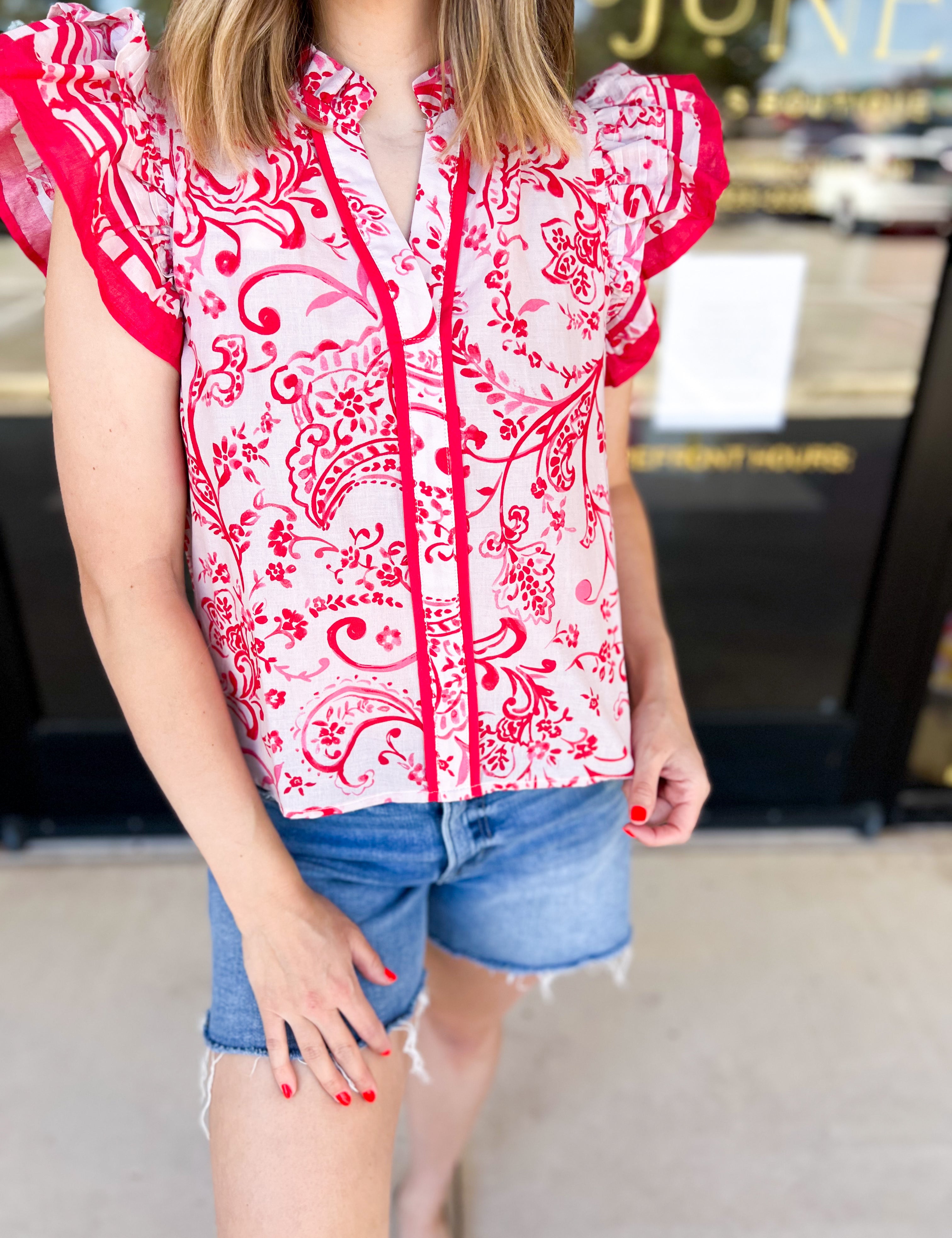 Red & Pink Paisley Blouse-200 Fashion Blouses-PINCH-July & June Women's Fashion Boutique Located in San Antonio, Texas