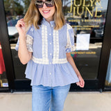 Blue Skies Crochet Blouse-200 Fashion Blouses-ENTRO-July & June Women's Fashion Boutique Located in San Antonio, Texas