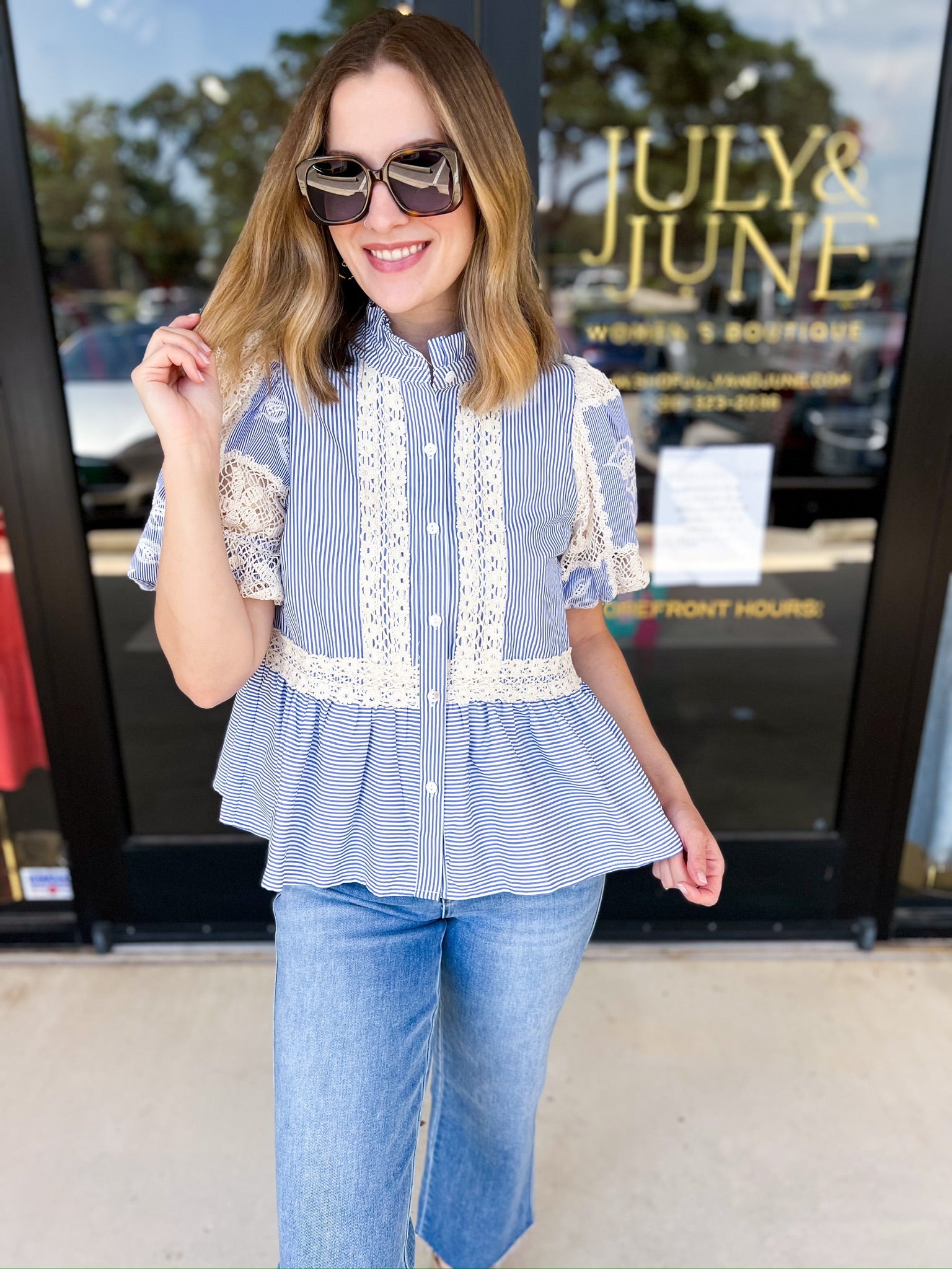 Blue Skies Crochet Blouse-200 Fashion Blouses-ENTRO-July & June Women's Fashion Boutique Located in San Antonio, Texas