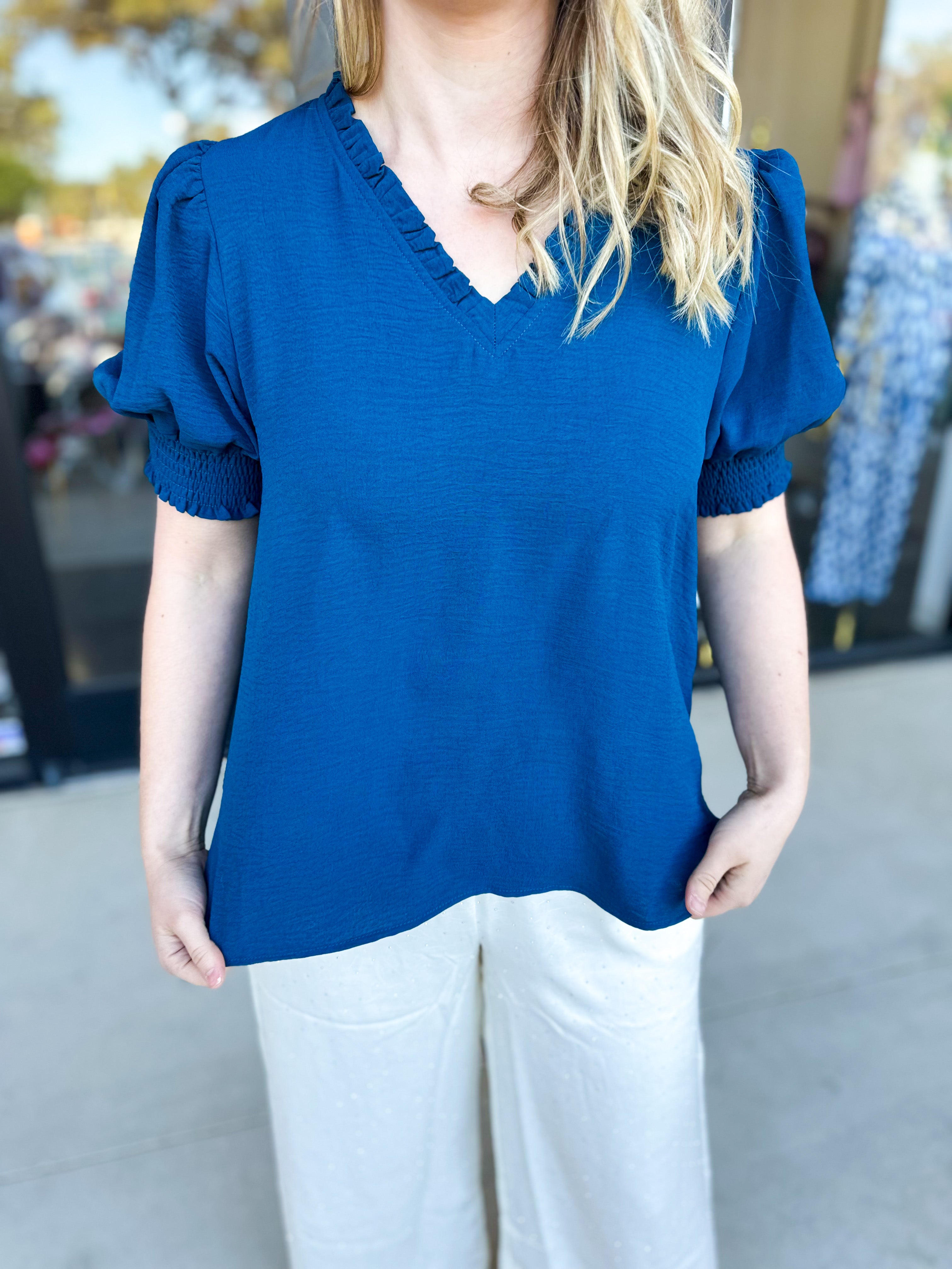 Everyday Ruffle V-Neck Blouse - Teal-200 Fashion Blouses-JODIFL-July & June Women's Fashion Boutique Located in San Antonio, Texas