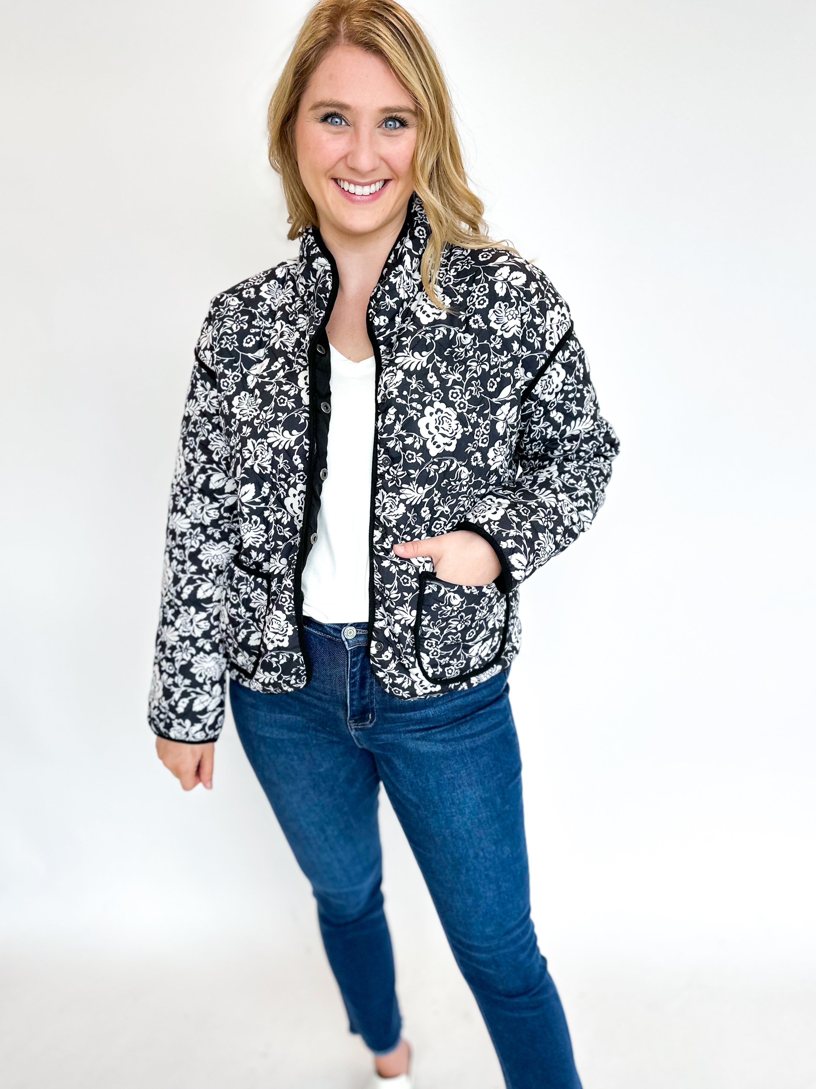 Black Floral Quilted Jacket-600 Outerwear-POLOGRAM-July & June Women's Fashion Boutique Located in San Antonio, Texas