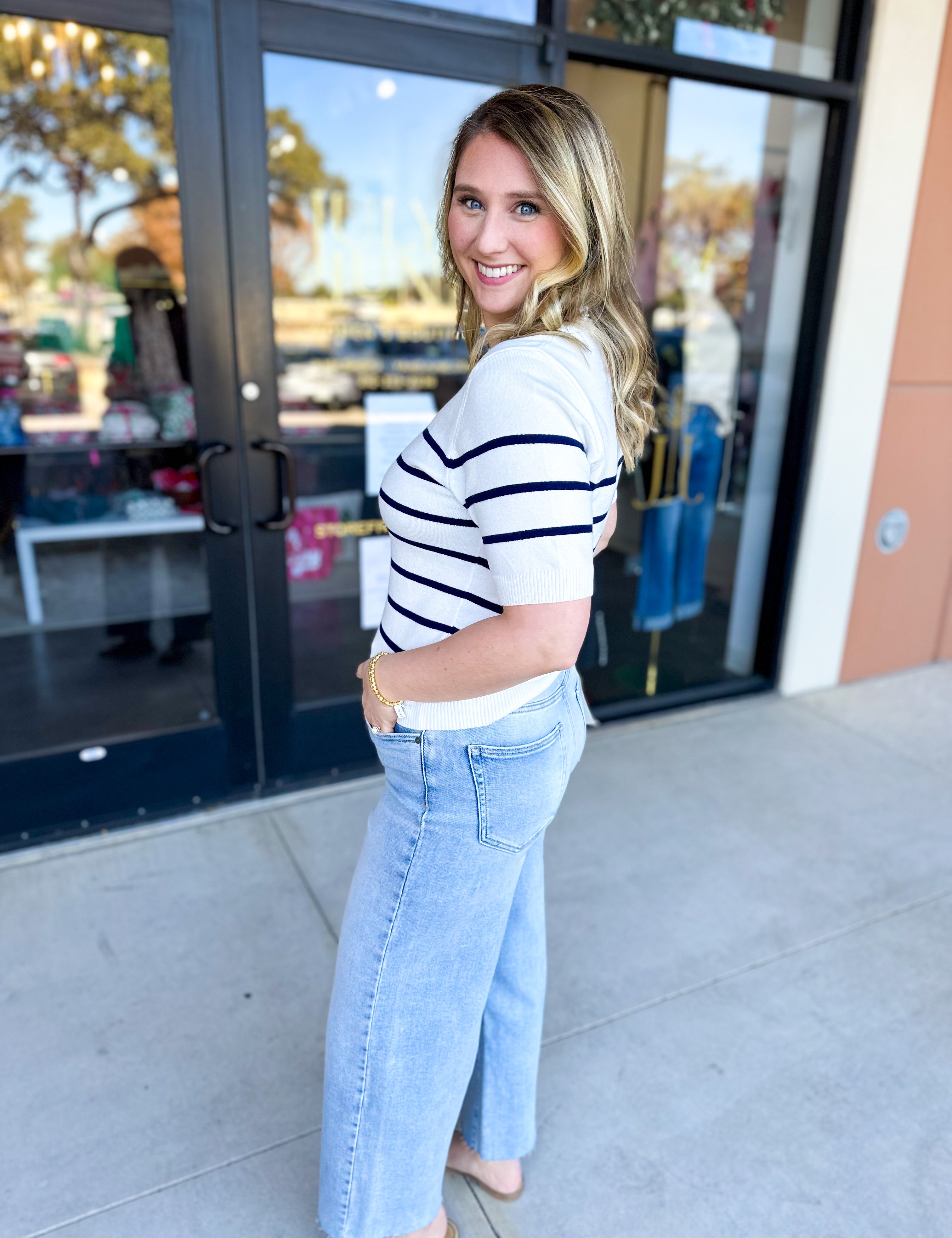 Short Sleeve Stripped Sweater Top - Ivory & Navy-230 Sweaters/Cardis-ALLIE ROSE-July & June Women's Fashion Boutique Located in San Antonio, Texas