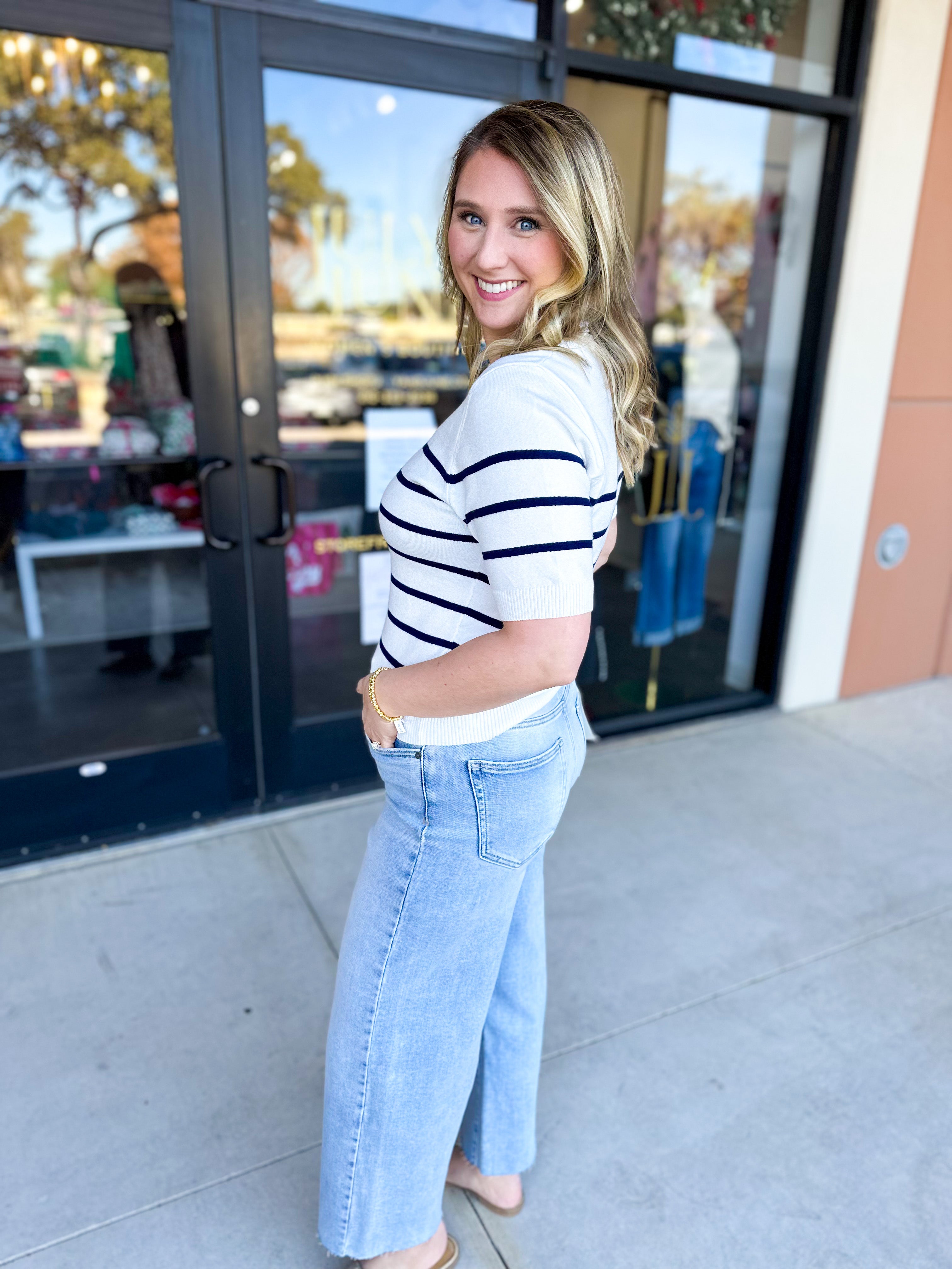 Short Sleeve Stripped Sweater Top - Ivory & Navy-230 Sweaters/Cardis-ALLIE ROSE-July & June Women's Fashion Boutique Located in San Antonio, Texas