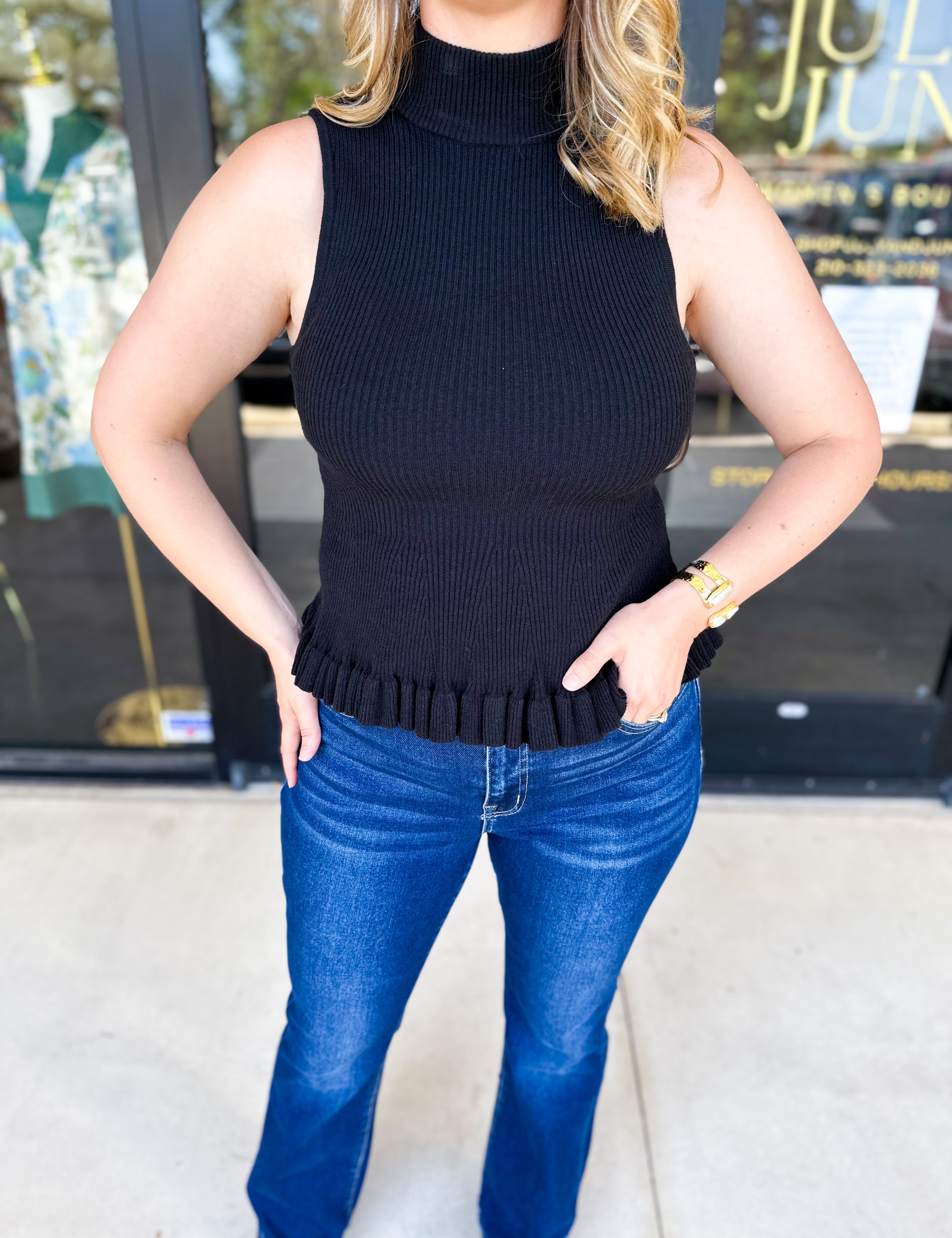 Ruffle Knit Tank Top - Black-230 Sweaters/Cardis-FATE-July & June Women's Fashion Boutique Located in San Antonio, Texas