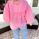 Pinstripe Bubble Sleeve Blouse - Pink-200 Fashion Blouses-FATE-July & June Women's Fashion Boutique Located in San Antonio, Texas