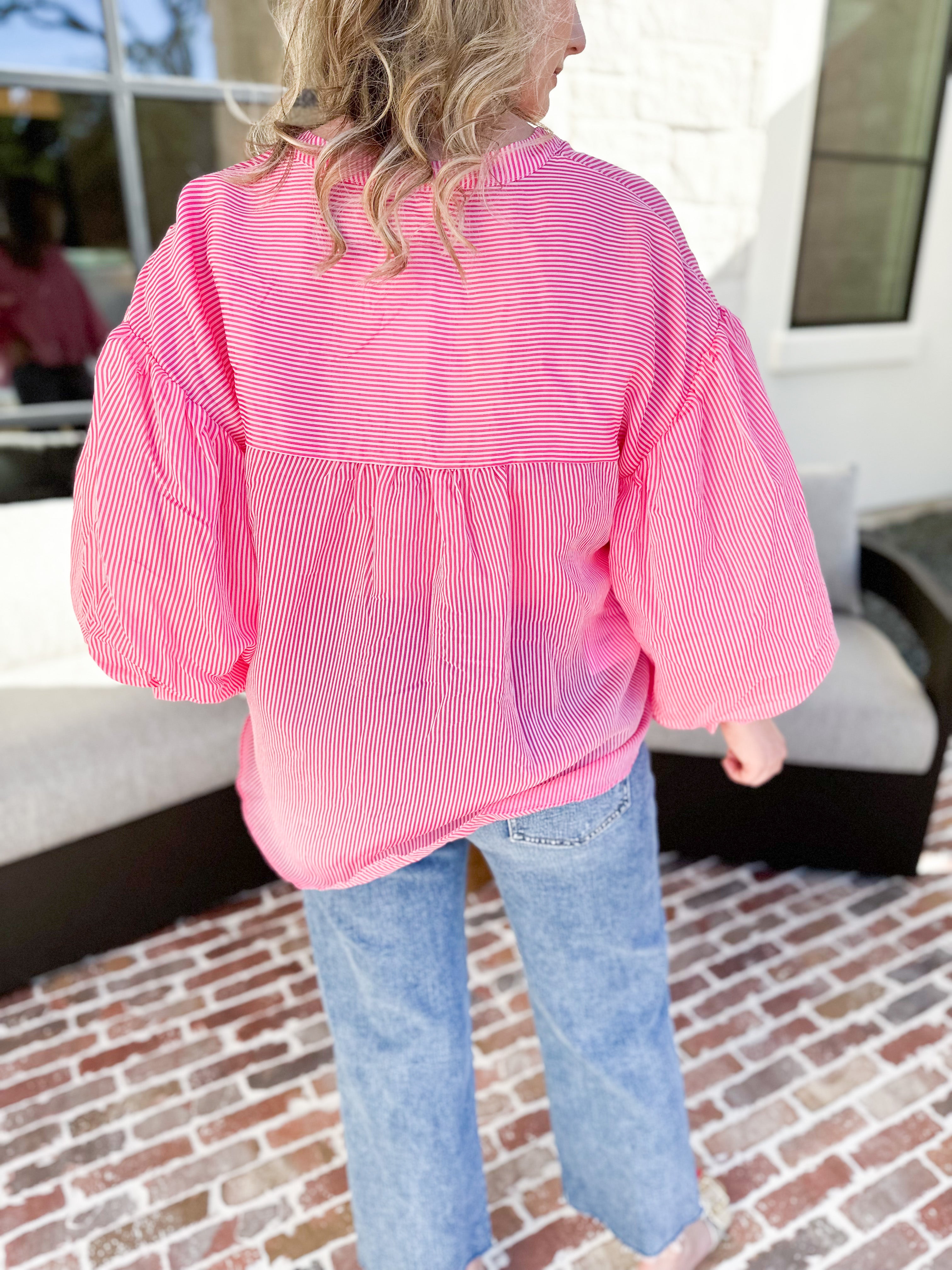 Pinstripe Bubble Sleeve Blouse - Pink-200 Fashion Blouses-FATE-July & June Women's Fashion Boutique Located in San Antonio, Texas