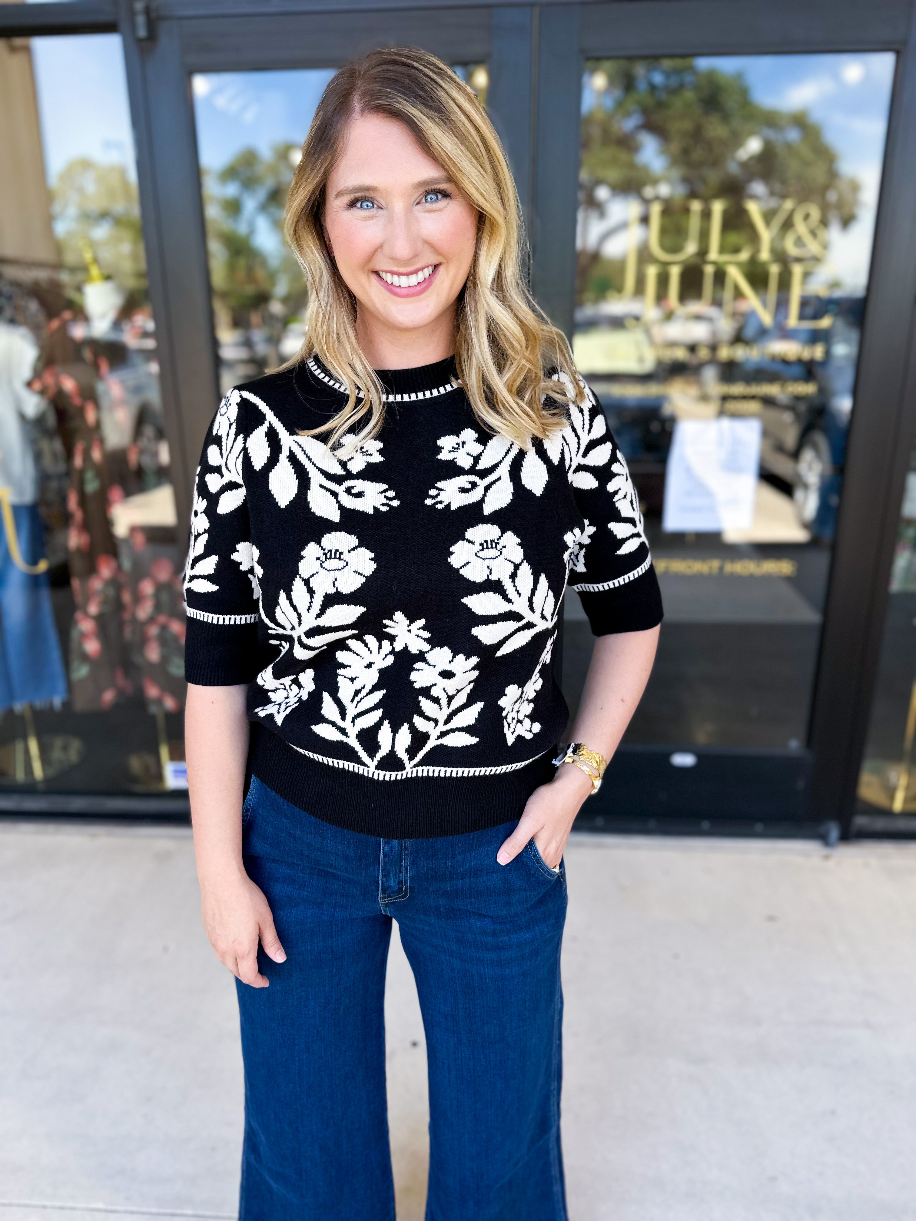 THML - Black & Ivory Floral Sweater Top-230 Sweaters/Cardis-THML-July & June Women's Fashion Boutique Located in San Antonio, Texas