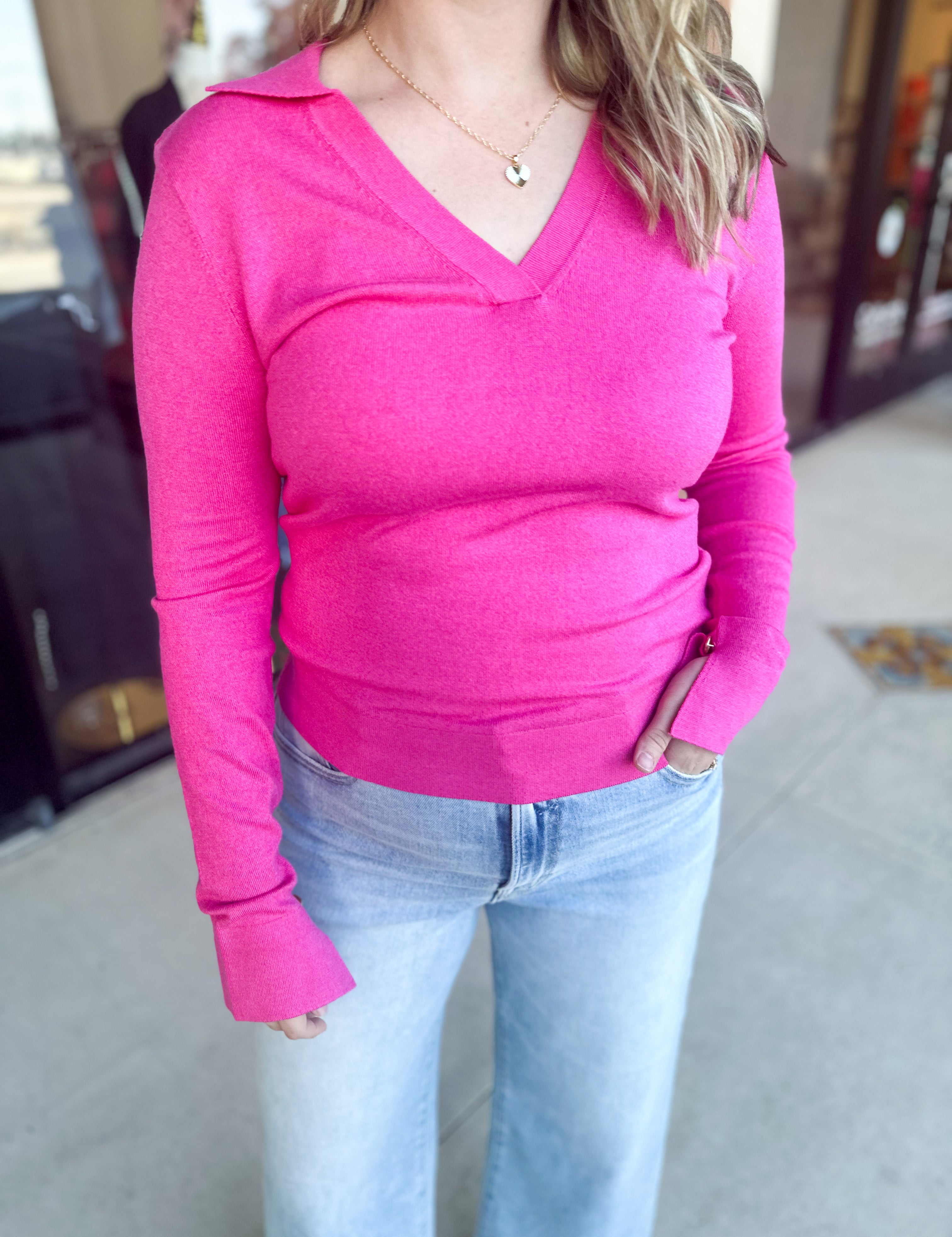 Collared Knit Long Sleeve - Hot Pink-230 Sweaters/Cardis-SKIES ARE BLUE-July & June Women's Fashion Boutique Located in San Antonio, Texas