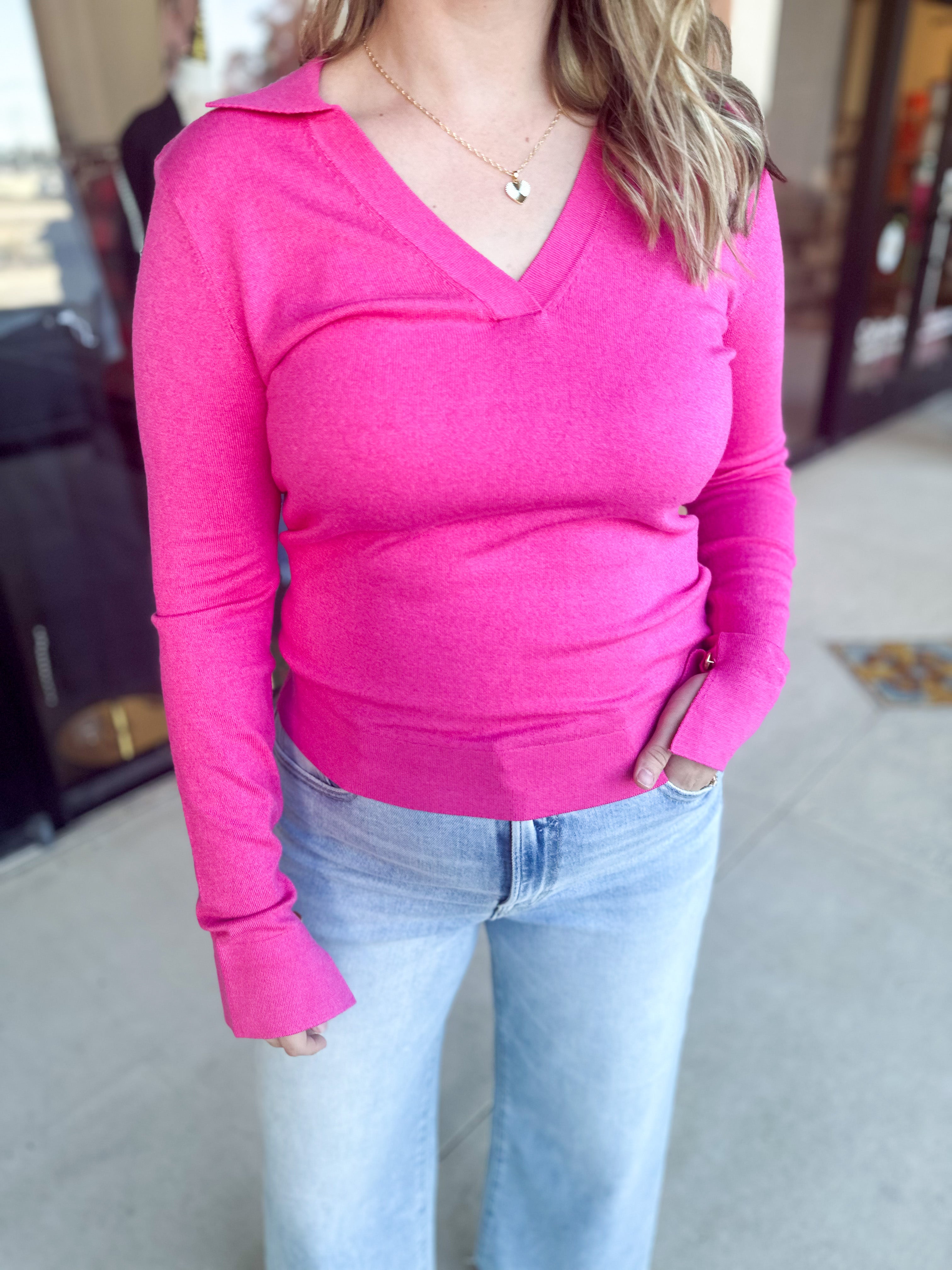 Collared Knit Long Sleeve - Hot Pink-230 Sweaters/Cardis-SKIES ARE BLUE-July & June Women's Fashion Boutique Located in San Antonio, Texas