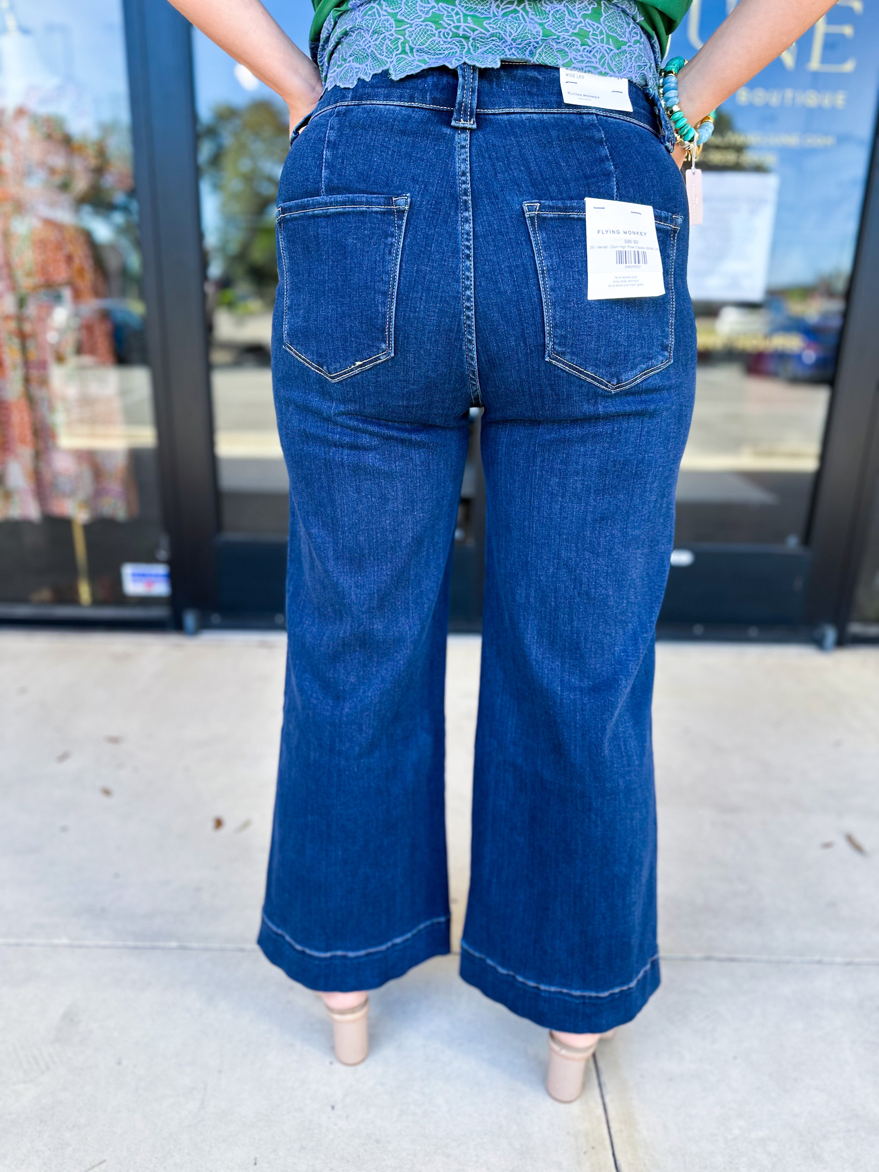 Vervet - Dark High Rise Trouser Wide Leg Jeans-400 Pants-VEVERT BY FLYING MONKEY-July & June Women's Fashion Boutique Located in San Antonio, Texas