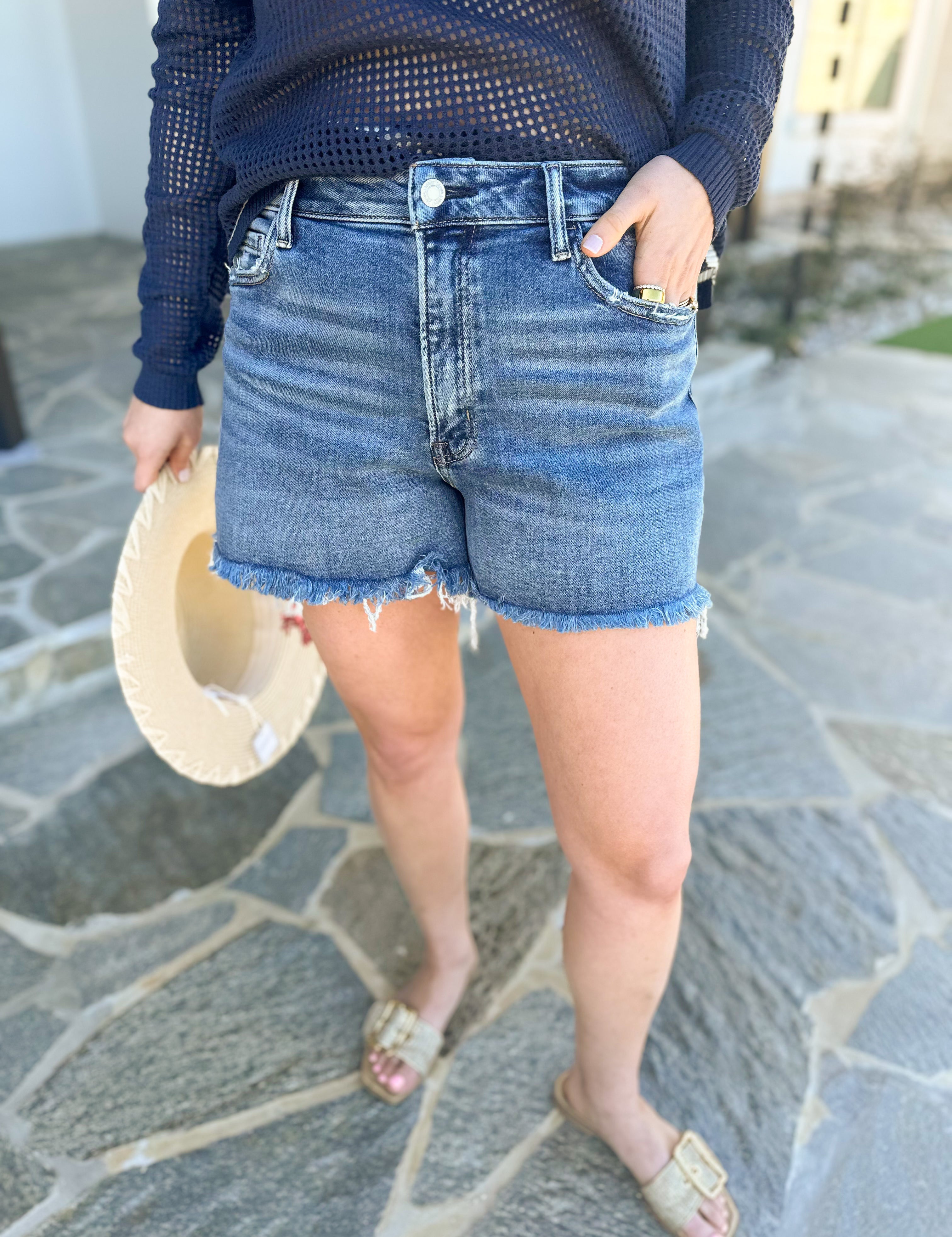 Vervet - Light Wash High Rise Denim Shorts-410 Shorts/Skirts-VEVERT BY FLYING MONKEY-July & June Women's Fashion Boutique Located in San Antonio, Texas