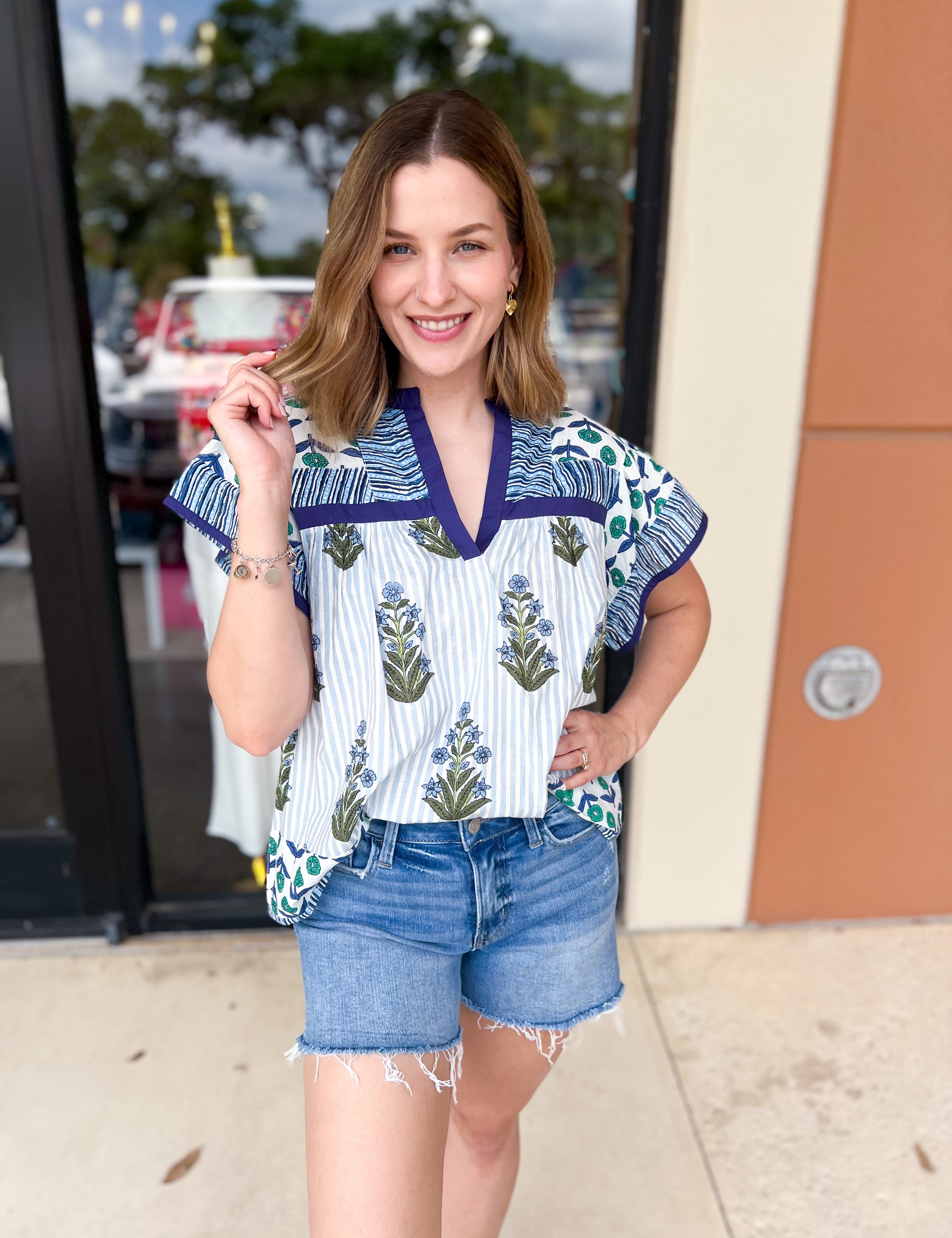 THML - Blue Floral Block Print Blouse-200 Fashion Blouses-THML-July & June Women's Fashion Boutique Located in San Antonio, Texas