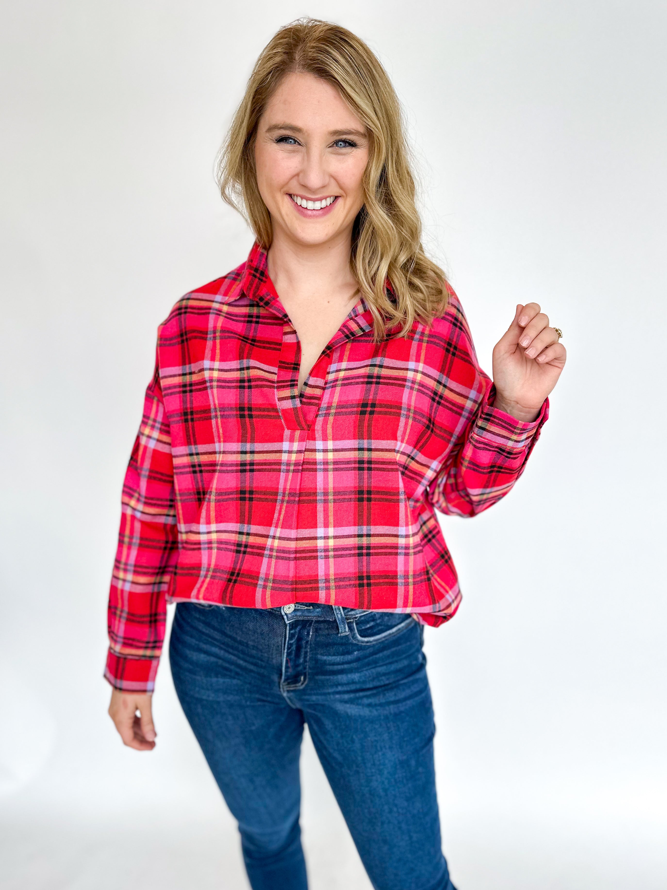 Red Plaid Collared Flannel-200 Fashion Blouses-DAY + MOON-July & June Women's Fashion Boutique Located in San Antonio, Texas