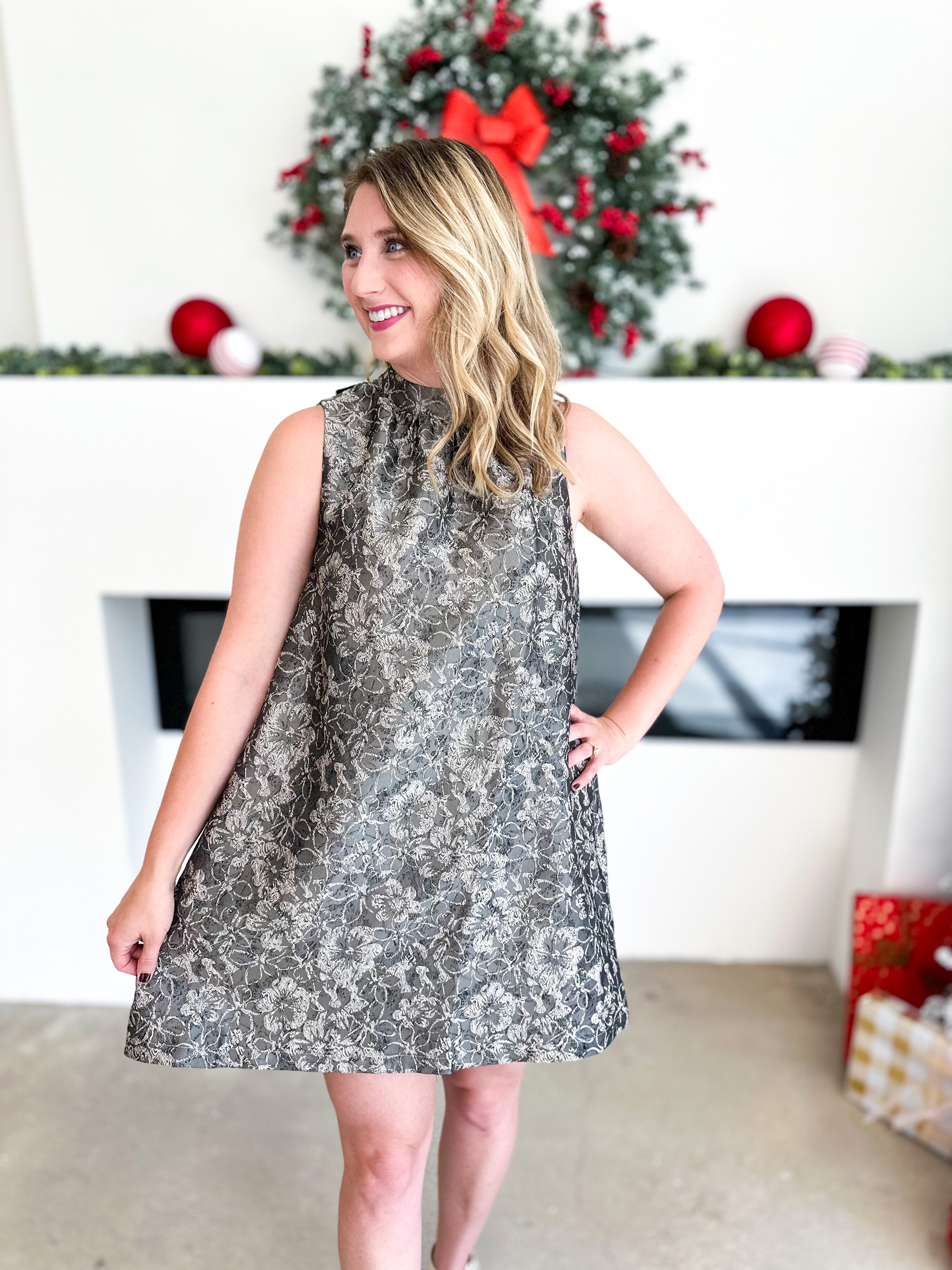 Olive Floral High Neck Mini Dress-510 Mini-FATE-July & June Women's Fashion Boutique Located in San Antonio, Texas