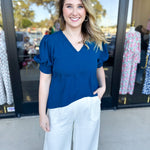 Everyday Ruffle V-Neck Blouse - Teal-200 Fashion Blouses-JODIFL-July & June Women's Fashion Boutique Located in San Antonio, Texas