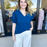 Everyday Ruffle V-Neck Blouse - Teal-200 Fashion Blouses-JODIFL-July & June Women's Fashion Boutique Located in San Antonio, Texas