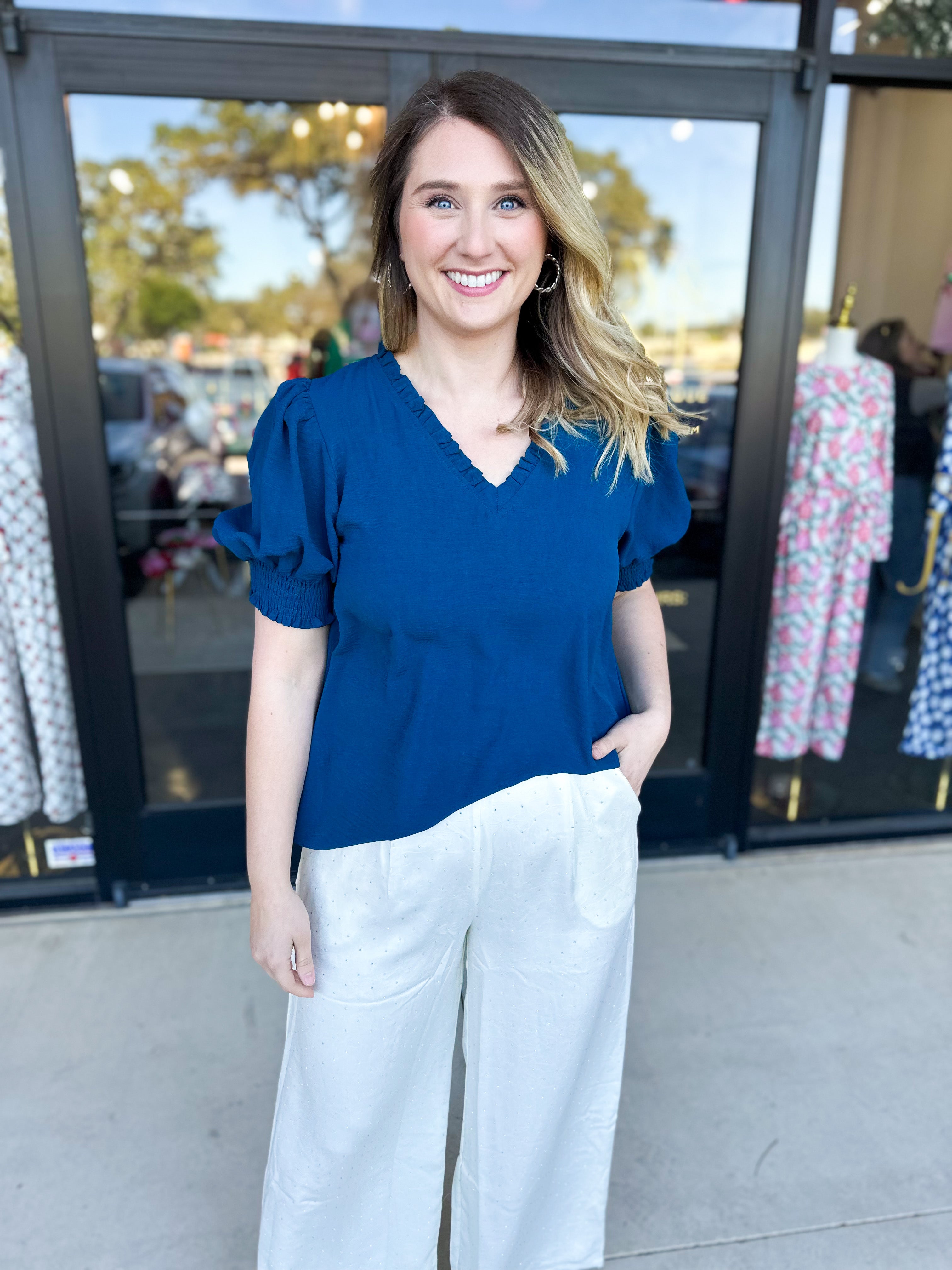 Everyday Ruffle V-Neck Blouse - Teal-200 Fashion Blouses-JODIFL-July & June Women's Fashion Boutique Located in San Antonio, Texas
