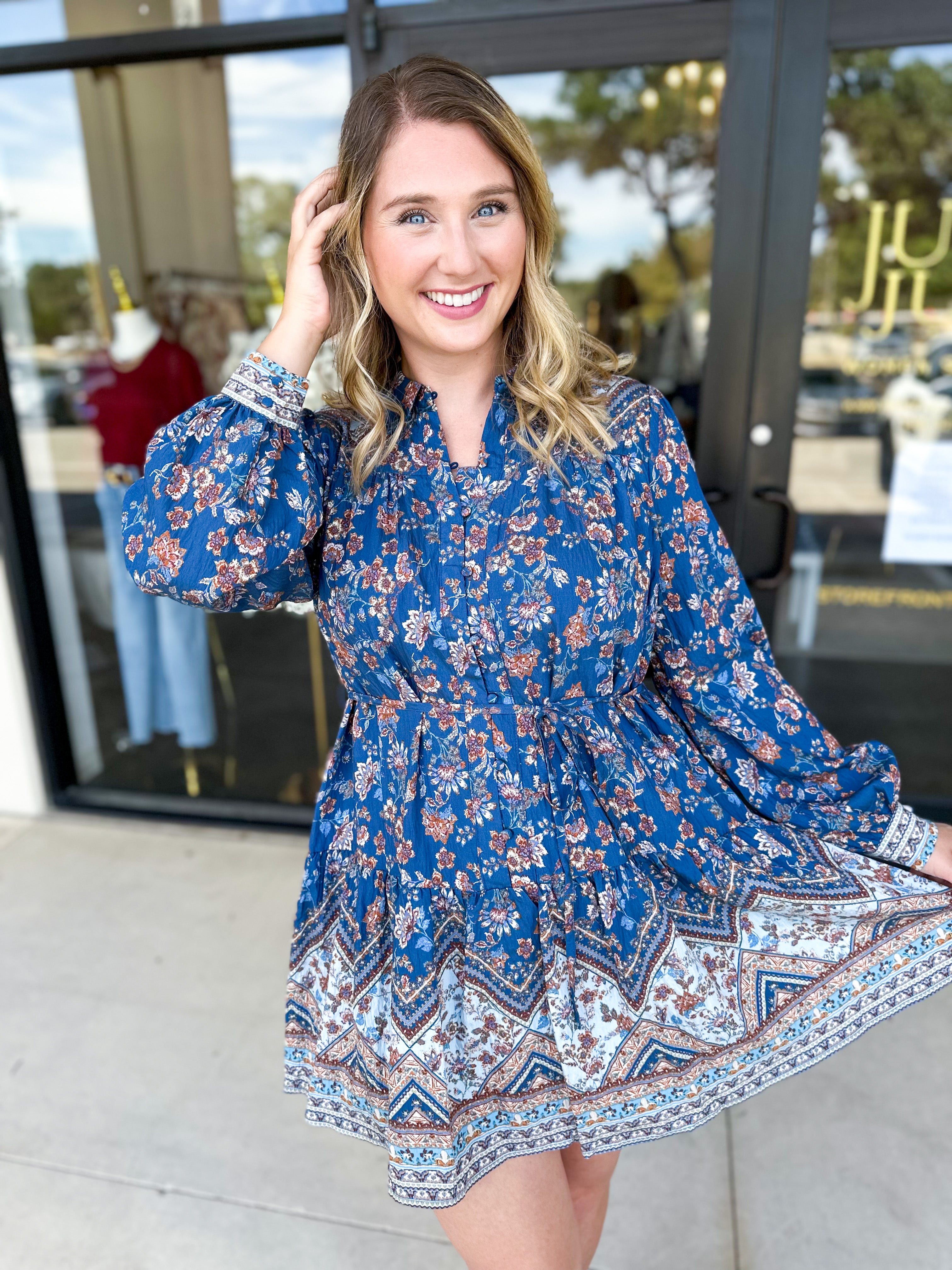 Deep Blue Harvest Mini Dress-510 Mini-FATE-July & June Women's Fashion Boutique Located in San Antonio, Texas