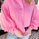 Pinstripe Bubble Sleeve Blouse - Pink-200 Fashion Blouses-FATE-July & June Women's Fashion Boutique Located in San Antonio, Texas
