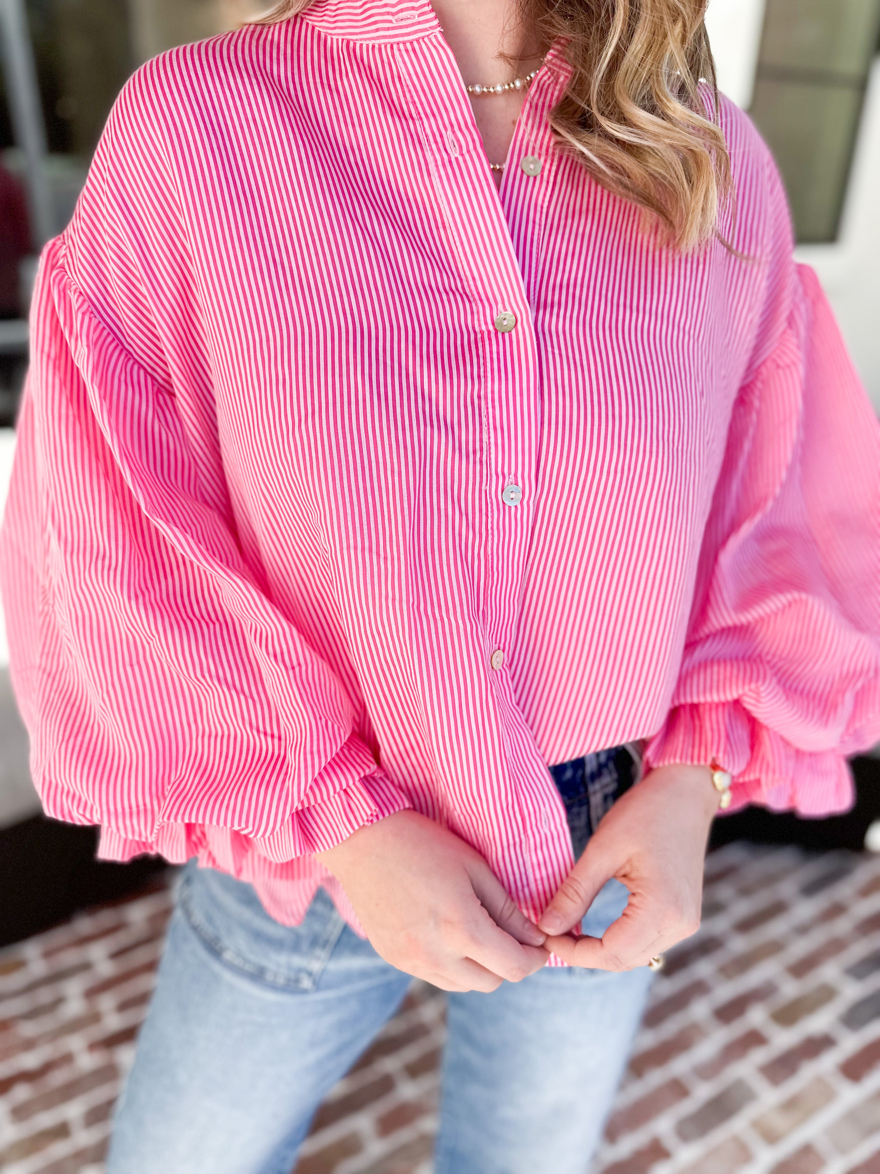 Pinstripe Bubble Sleeve Blouse - Pink-200 Fashion Blouses-FATE-July & June Women's Fashion Boutique Located in San Antonio, Texas