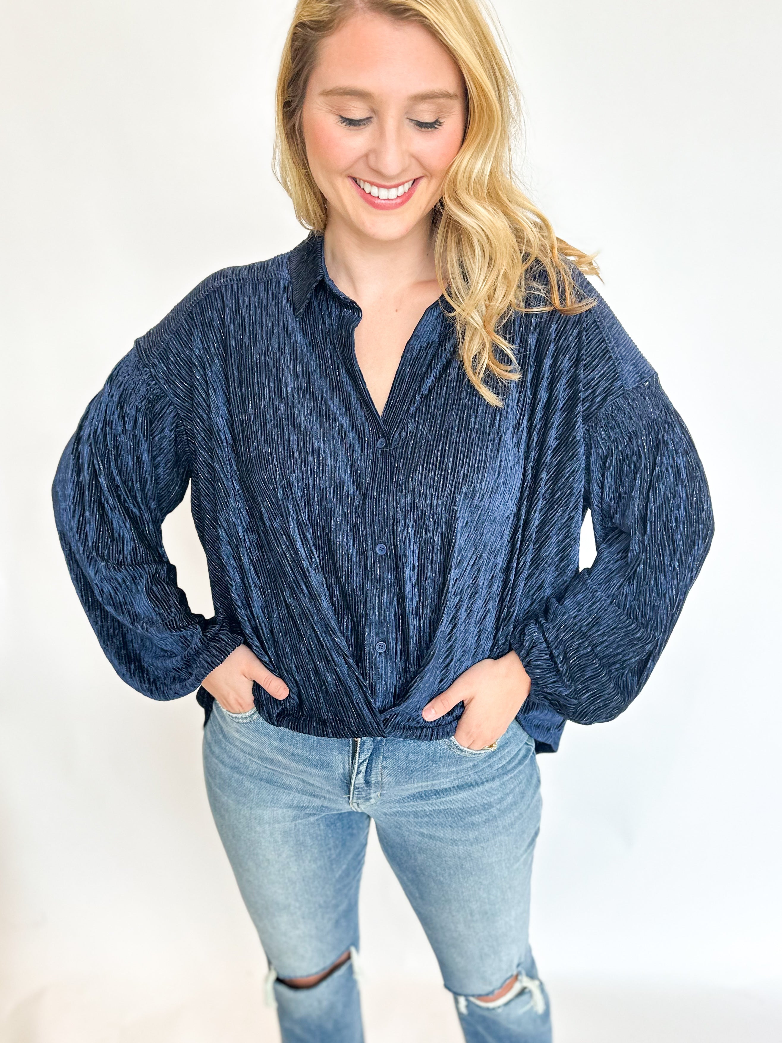 Textured Velvet Blouse - Navy-200 Fashion Blouses-SKIES ARE BLUE-July & June Women's Fashion Boutique Located in San Antonio, Texas