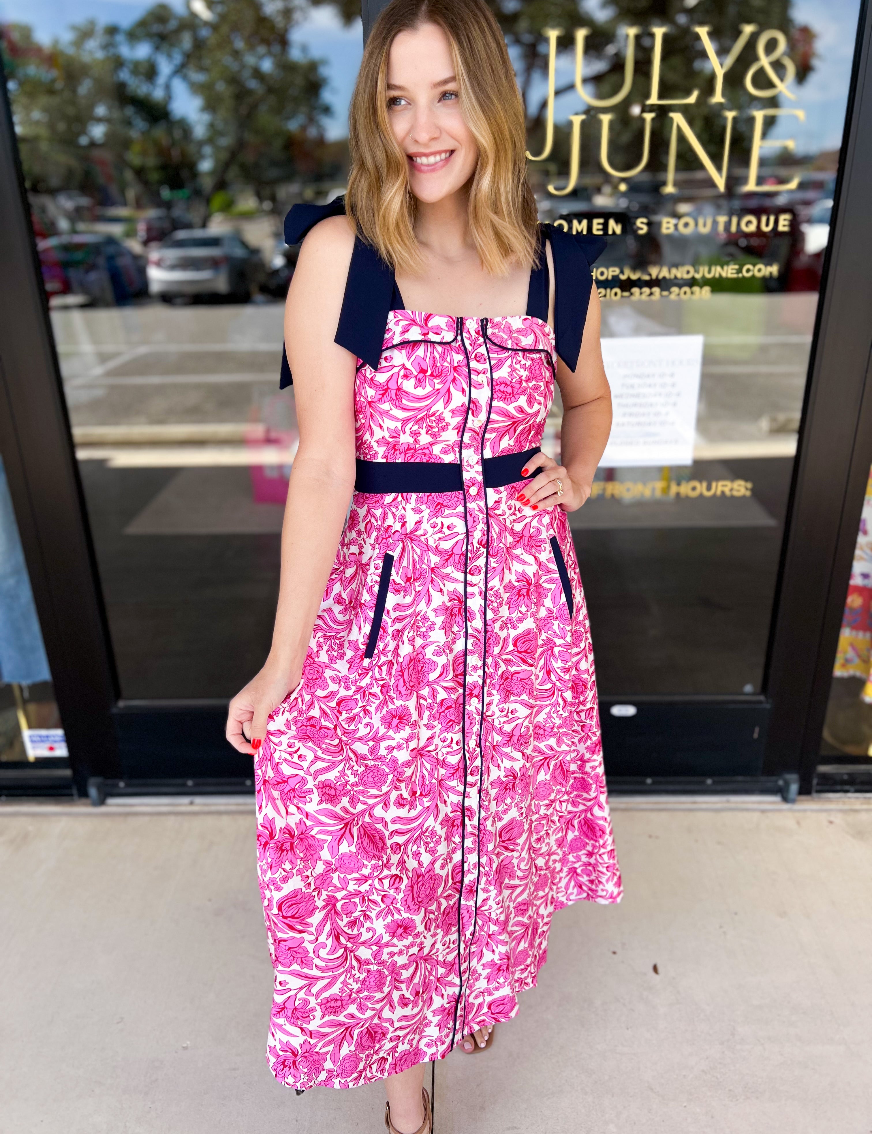 Pink & Navy Prep Midi Dress-500 Midi-ENTRO-July & June Women's Fashion Boutique Located in San Antonio, Texas