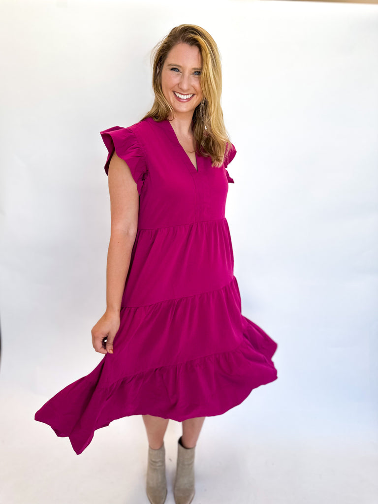 Ruffle Sleeve Tiered Midi Dress- Berry-500 Midi-ENTRO-July & June Women's Fashion Boutique Located in San Antonio, Texas