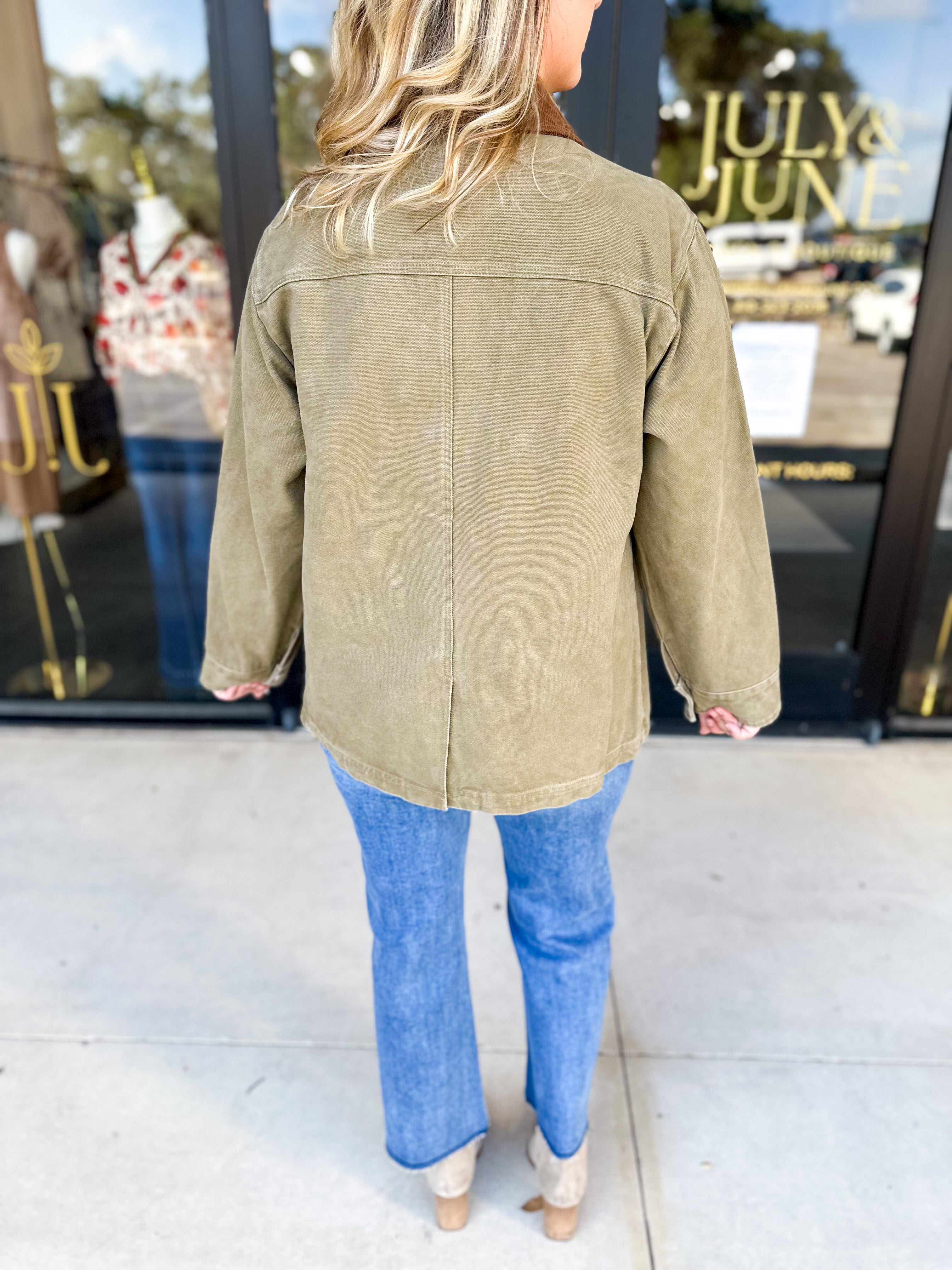 Barn Jacket - Olive-600 Outerwear-AARON & AMBER-July & June Women's Fashion Boutique Located in San Antonio, Texas