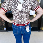 Varsity Leopard Sweater Top - Red-210 Casual Blouses-ENTRO-July & June Women's Fashion Boutique Located in San Antonio, Texas