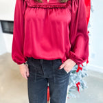 Satin Ruffle Blouse - Merlot-200 Fashion Blouses-JODIFL-July & June Women's Fashion Boutique Located in San Antonio, Texas